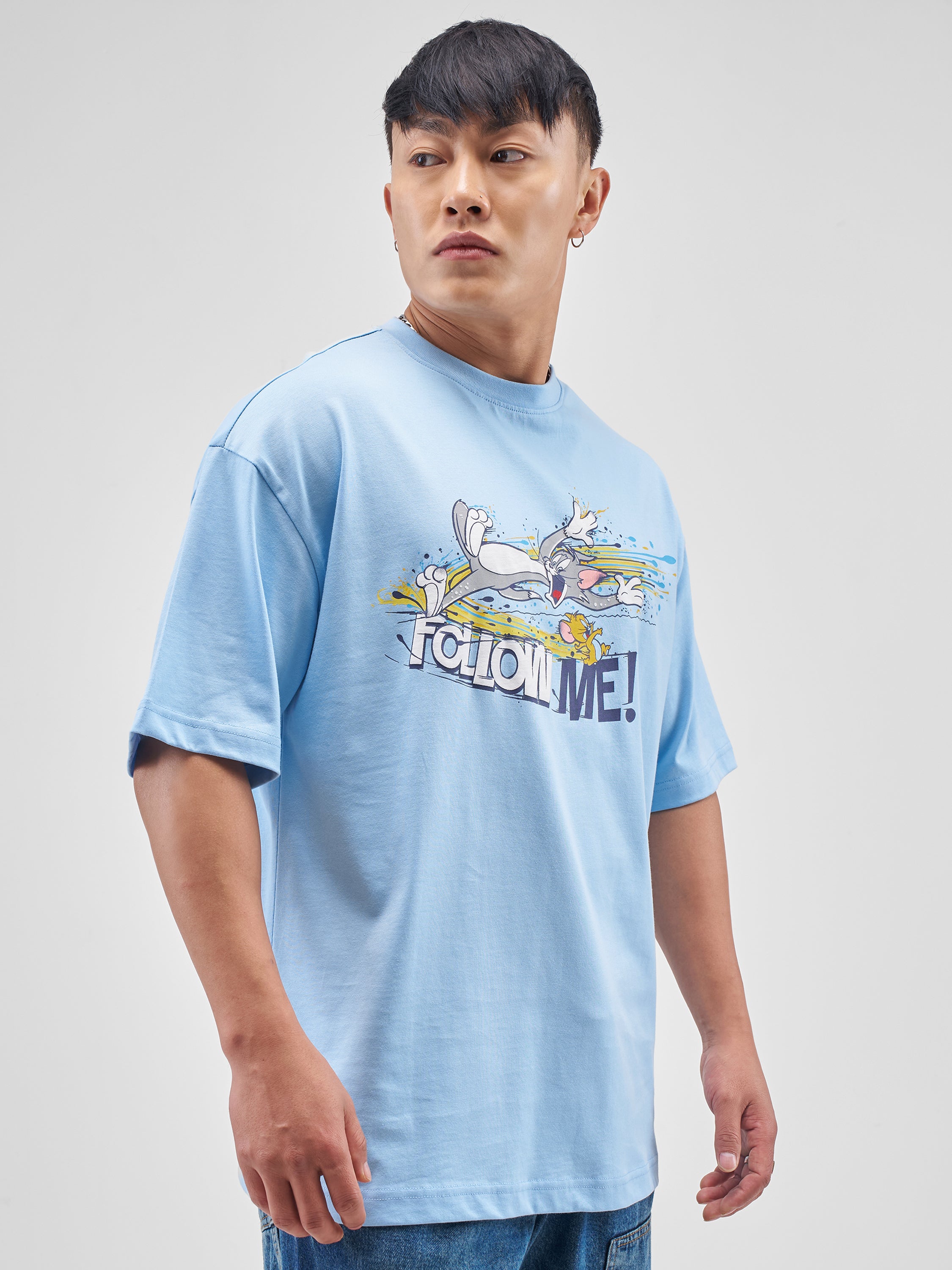 WB By Highlander Men Blue Tom And Jerry Printed Round Neck Oversized Fit T-Shirt - Blue - Image 6