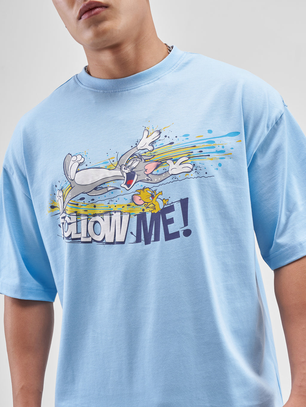 WB By Highlander Men Blue Tom And Jerry Printed Round Neck Oversized Fit T-Shirt - Blue - Image 7