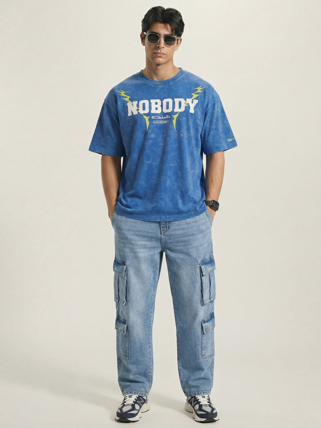 Highlander Men Blue Printed Round Neck Oversized Fit T-Shirt - Blue - Image 4