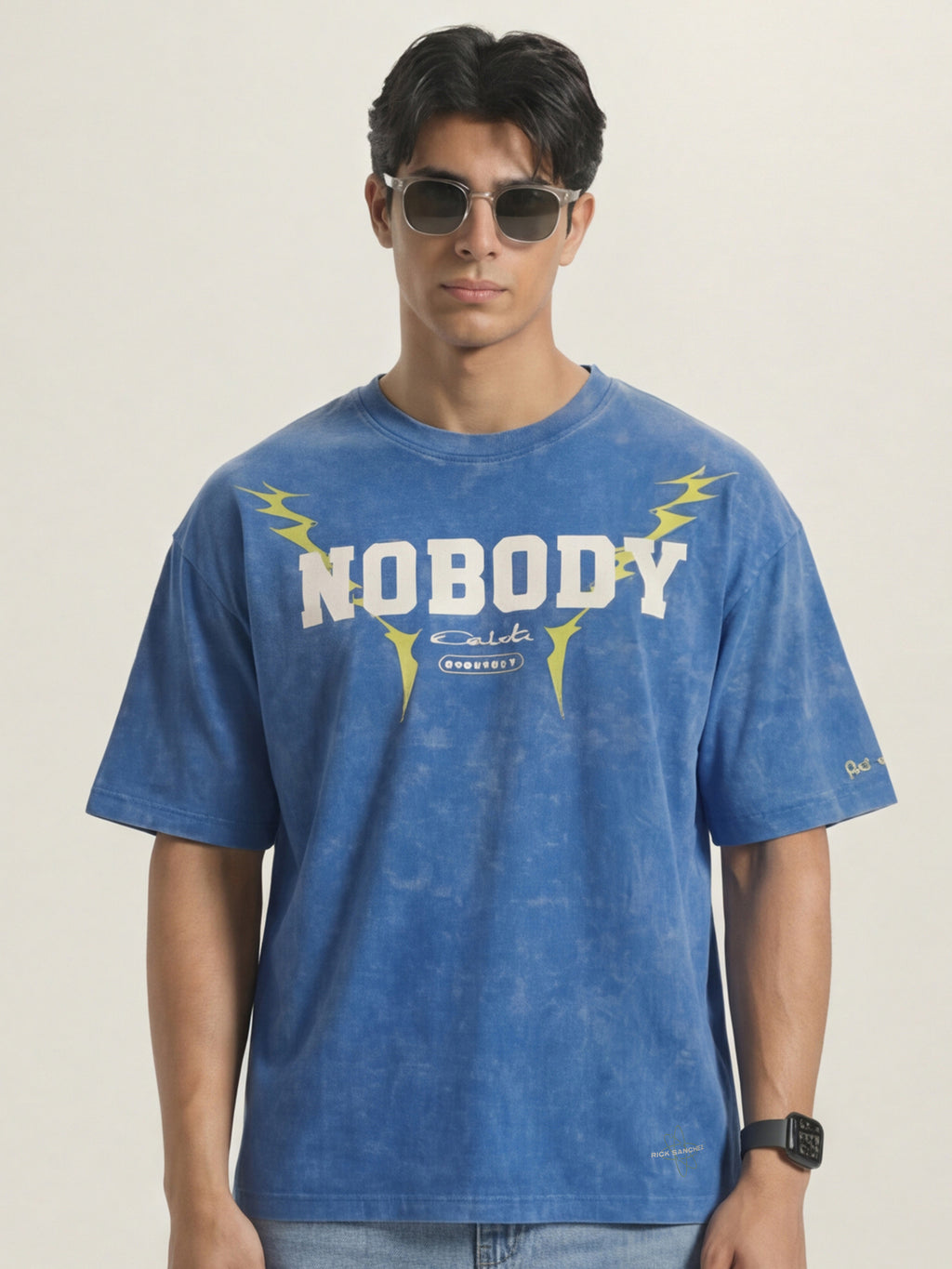 Highlander Men Blue Printed Round Neck Oversized Fit T-Shirt - Blue - Image 5