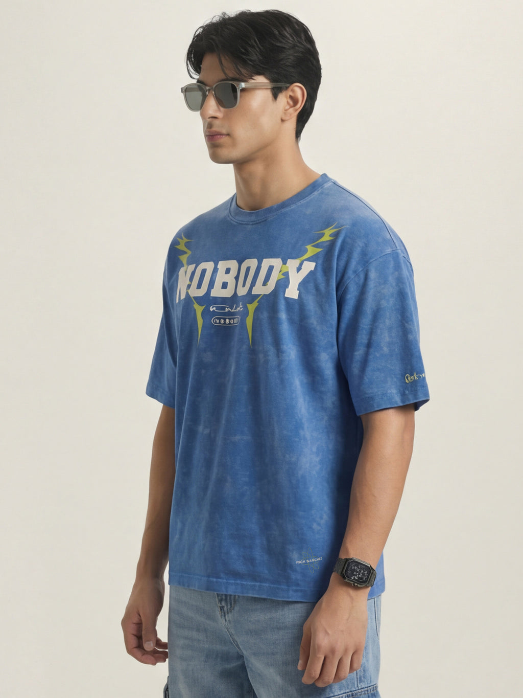 Highlander Men Blue Printed Round Neck Oversized Fit T-Shirt - Blue - Image 6
