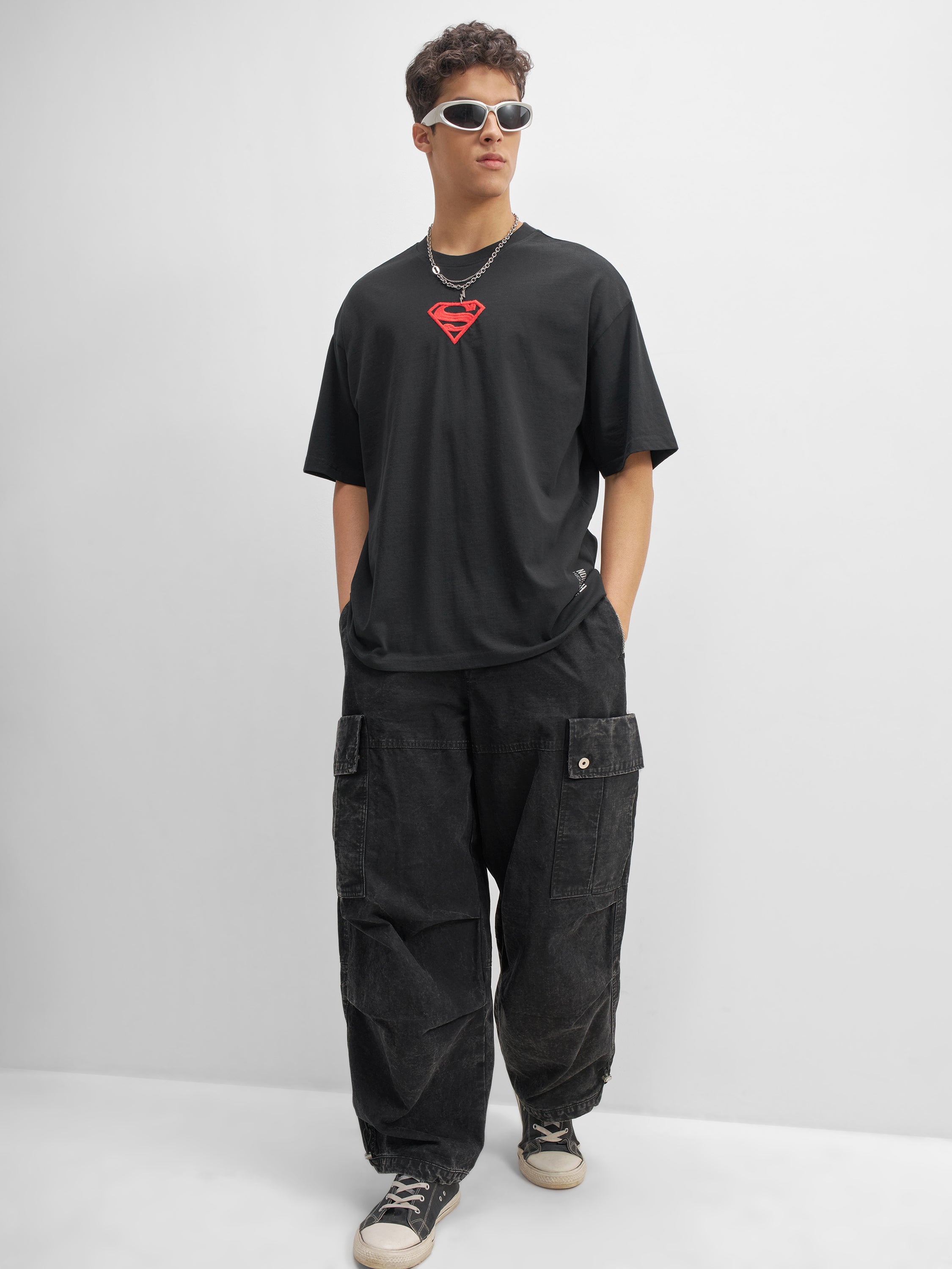 DC By Highlander Men Black Superman Printed Round Neck Oversized Fit T-Shirt - Black - Image 2