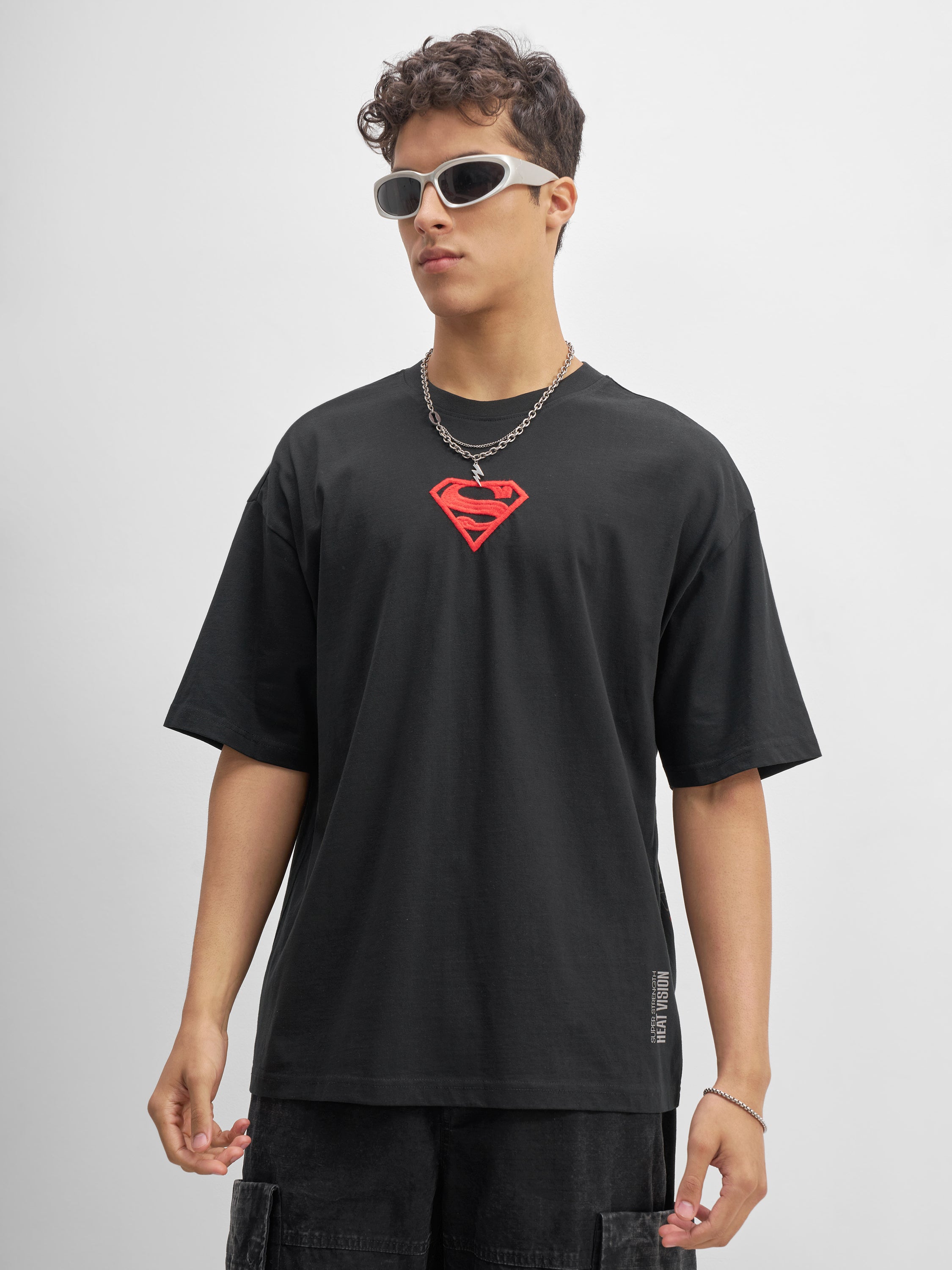 DC By Highlander Men Black Superman Printed Round Neck Oversized Fit T-Shirt - Black - Image 3