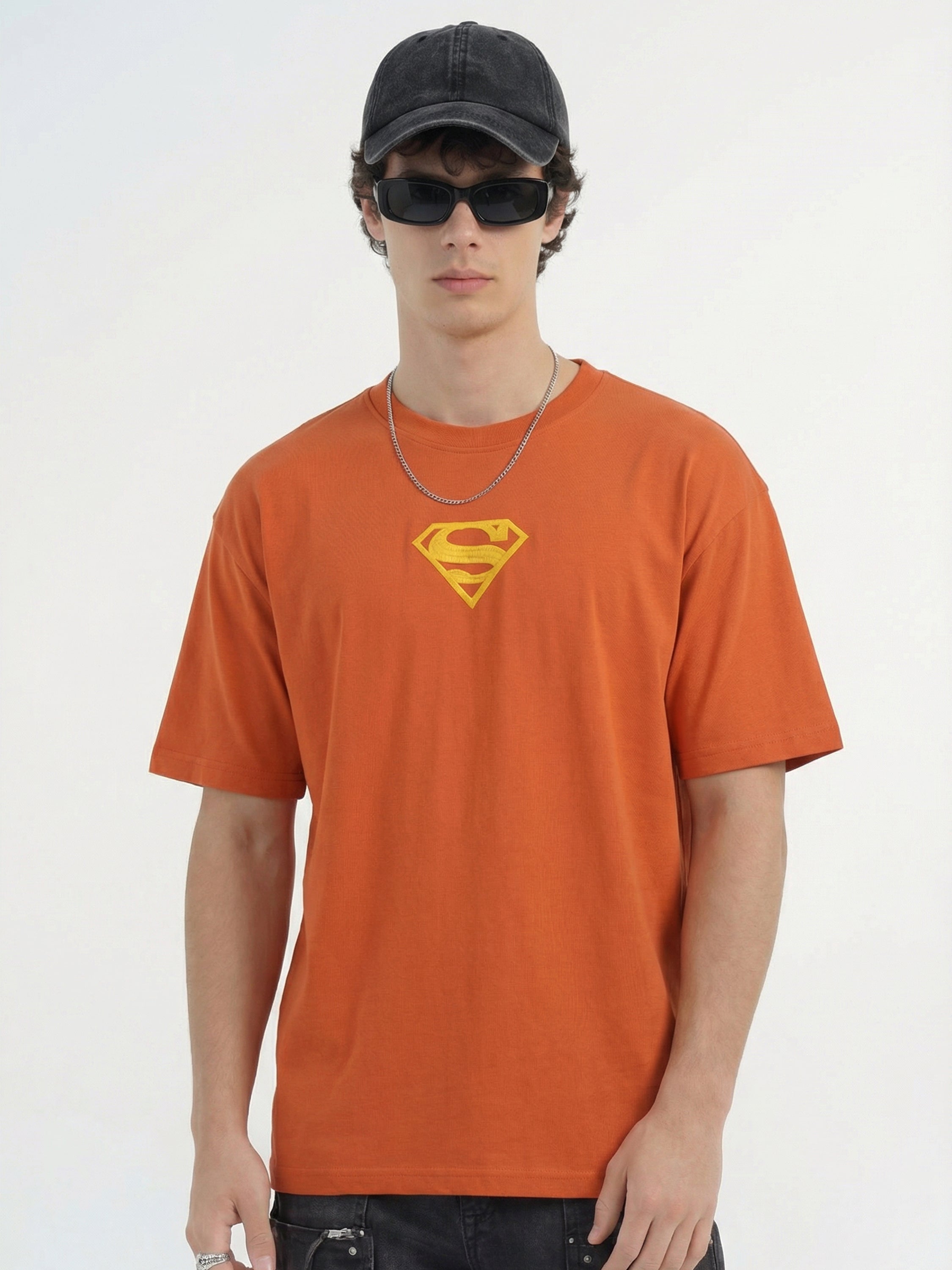 DC By Highlander Men Orange Superman Printed Round Neck Oversized Fit T-Shirt - Orange - Image 3