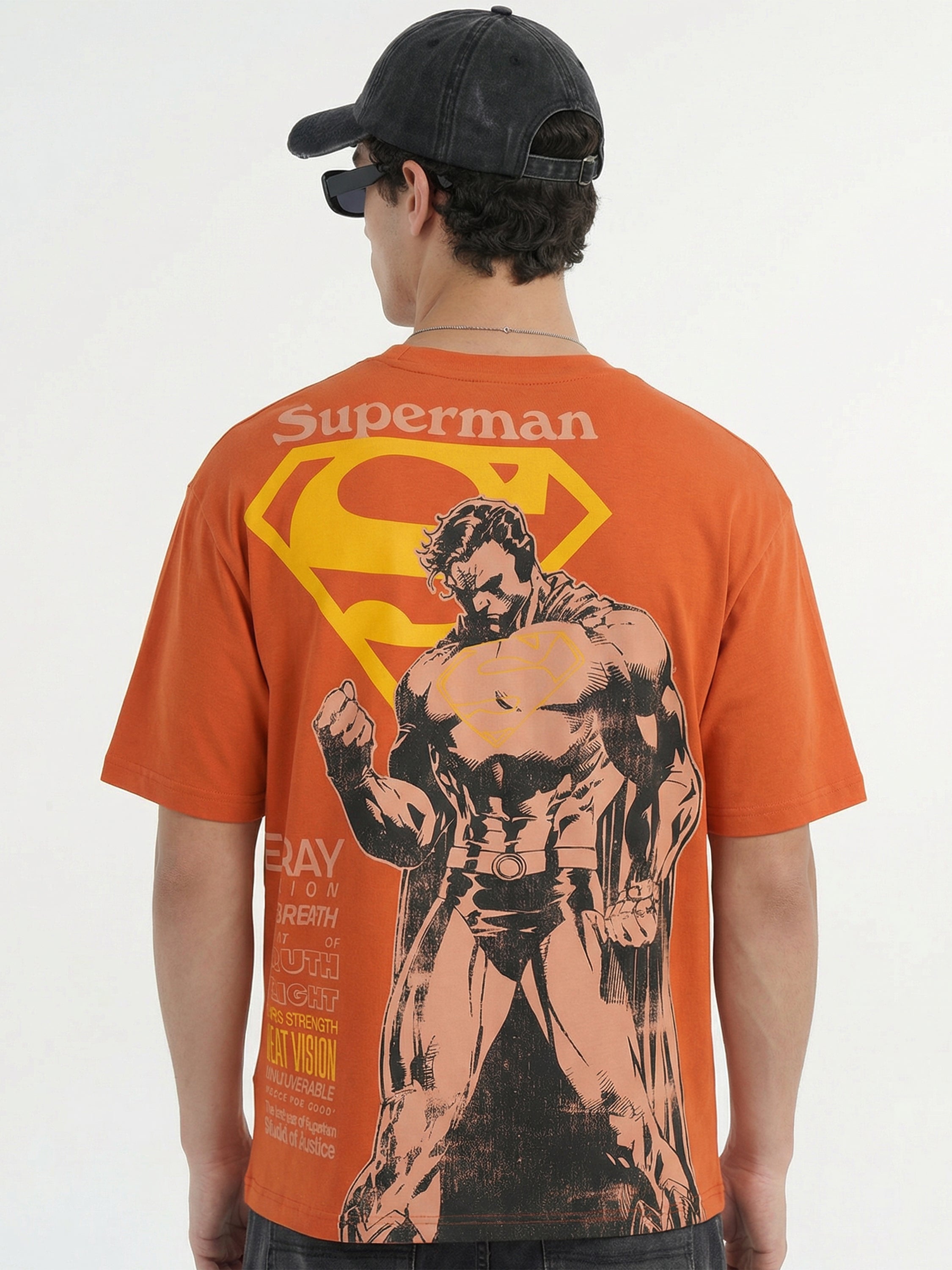 DC By Highlander Men Orange Superman Printed Round Neck Oversized Fit T-Shirt - Orange - Image 9