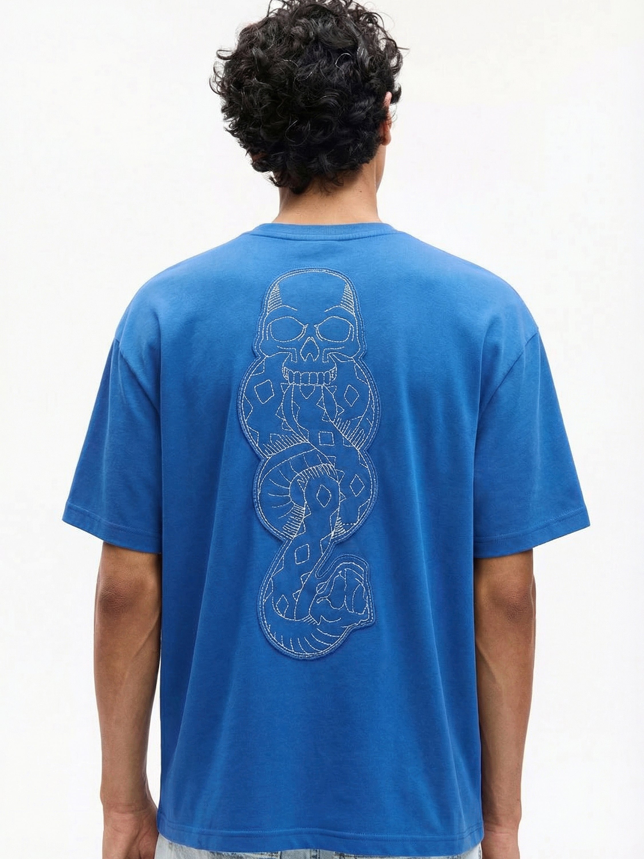 WB By Highlander Men Blue Harry Potter Embroidered Round Neck Oversized Fit T-Shirt - Blue - Image 4