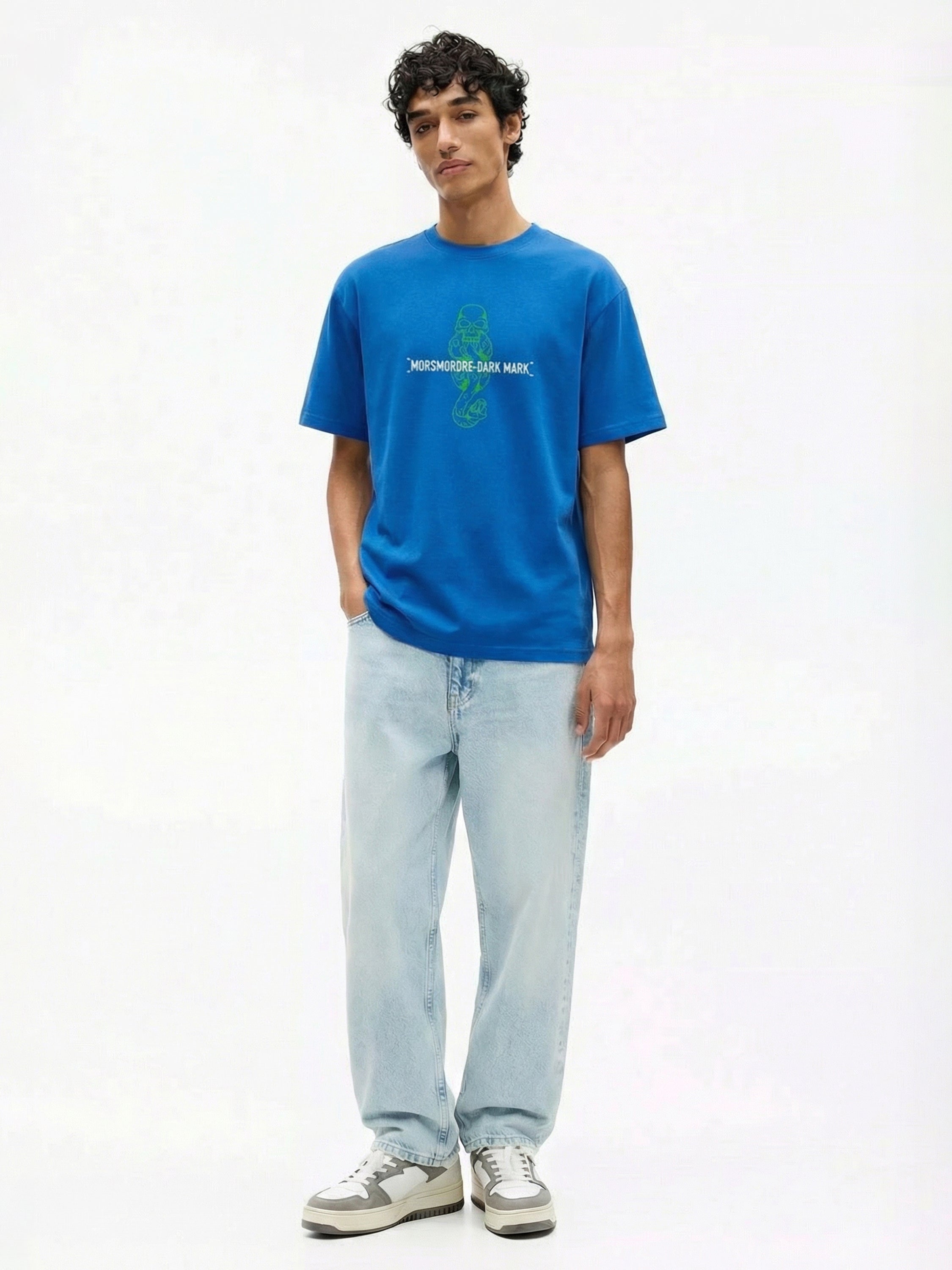 WB By Highlander Men Blue Harry Potter Embroidered Round Neck Oversized Fit T-Shirt - Blue - Image 5