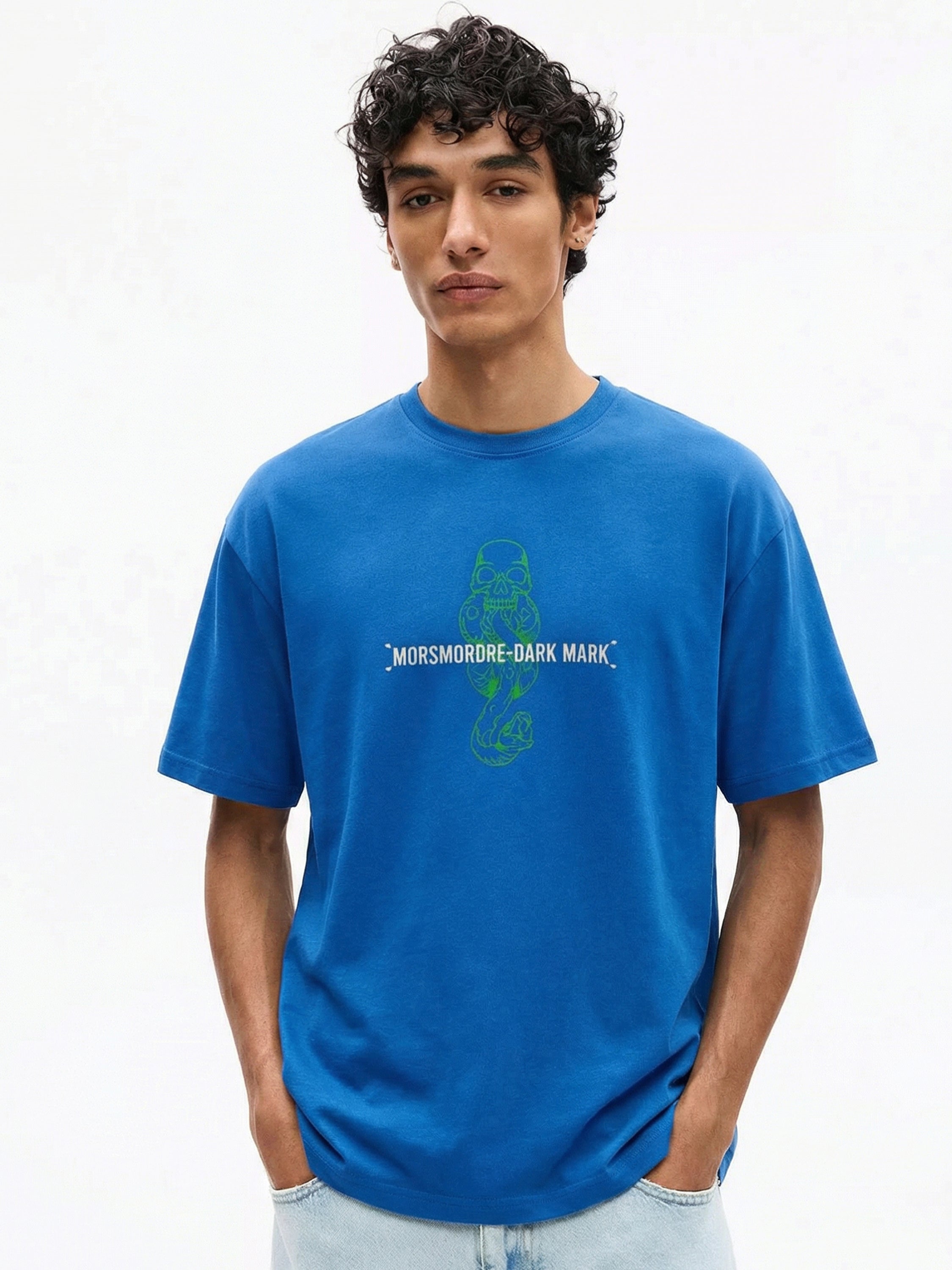 WB By Highlander Men Blue Harry Potter Embroidered Round Neck Oversized Fit T-Shirt - Blue - Image 6