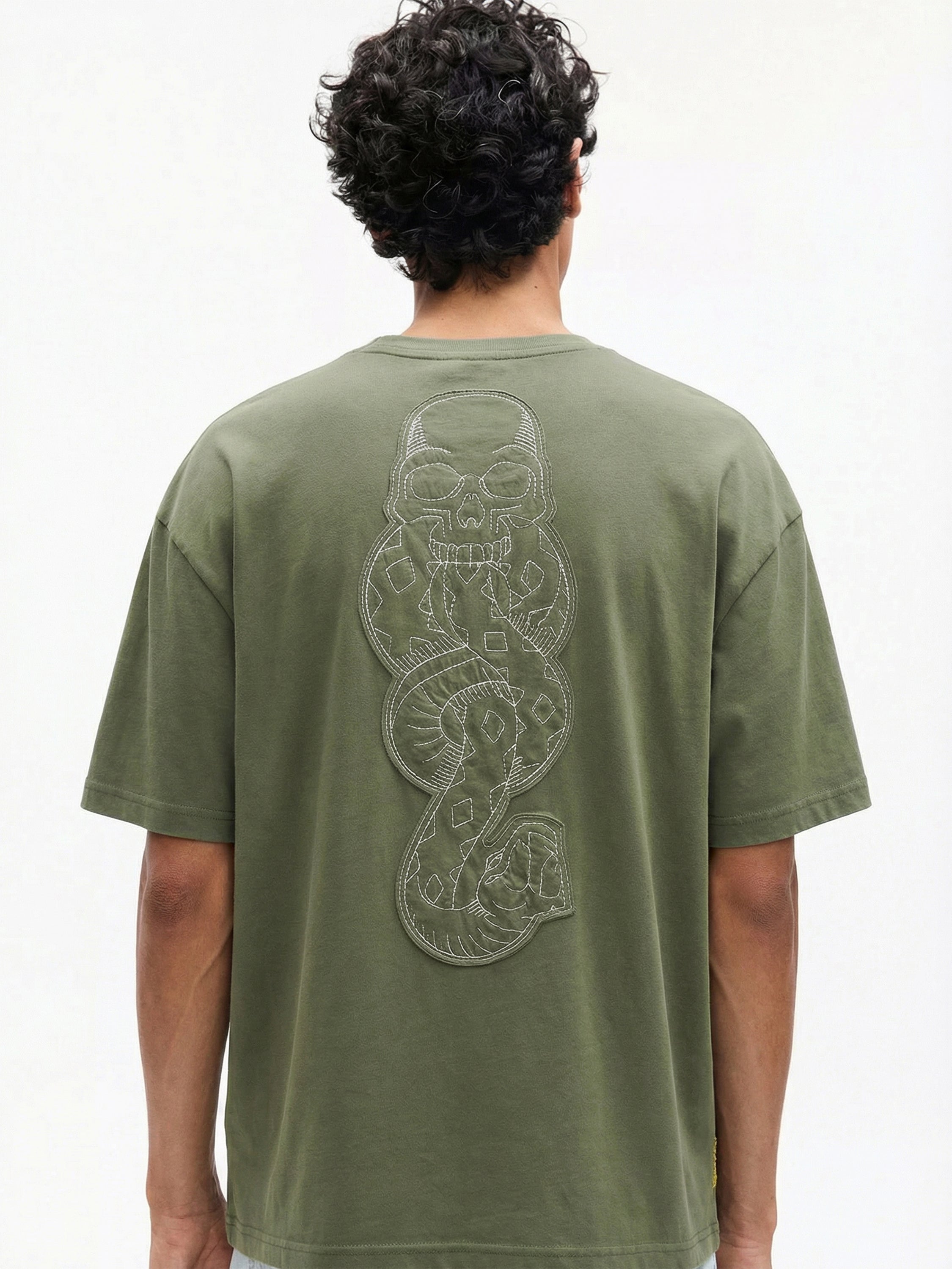 WB By Highlander Men Olive Harry Potter Embroidered Round Neck Oversized Fit T-Shirt - Olive - Image 4