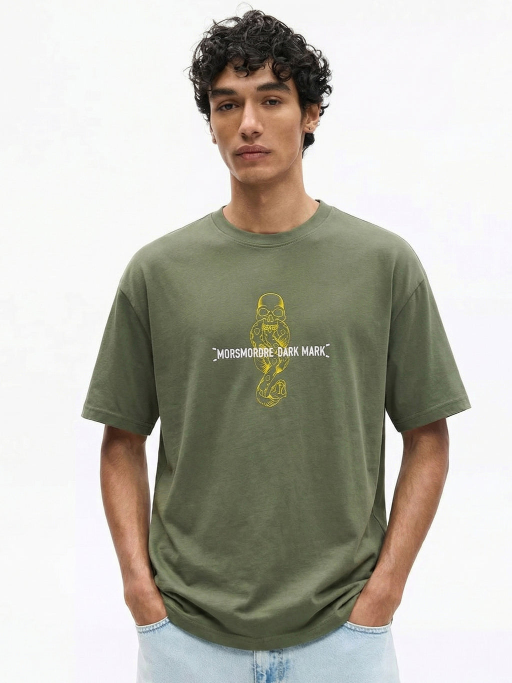 WB By Highlander Men Olive Harry Potter Embroidered Round Neck Oversized Fit T-Shirt - Olive - Image 6