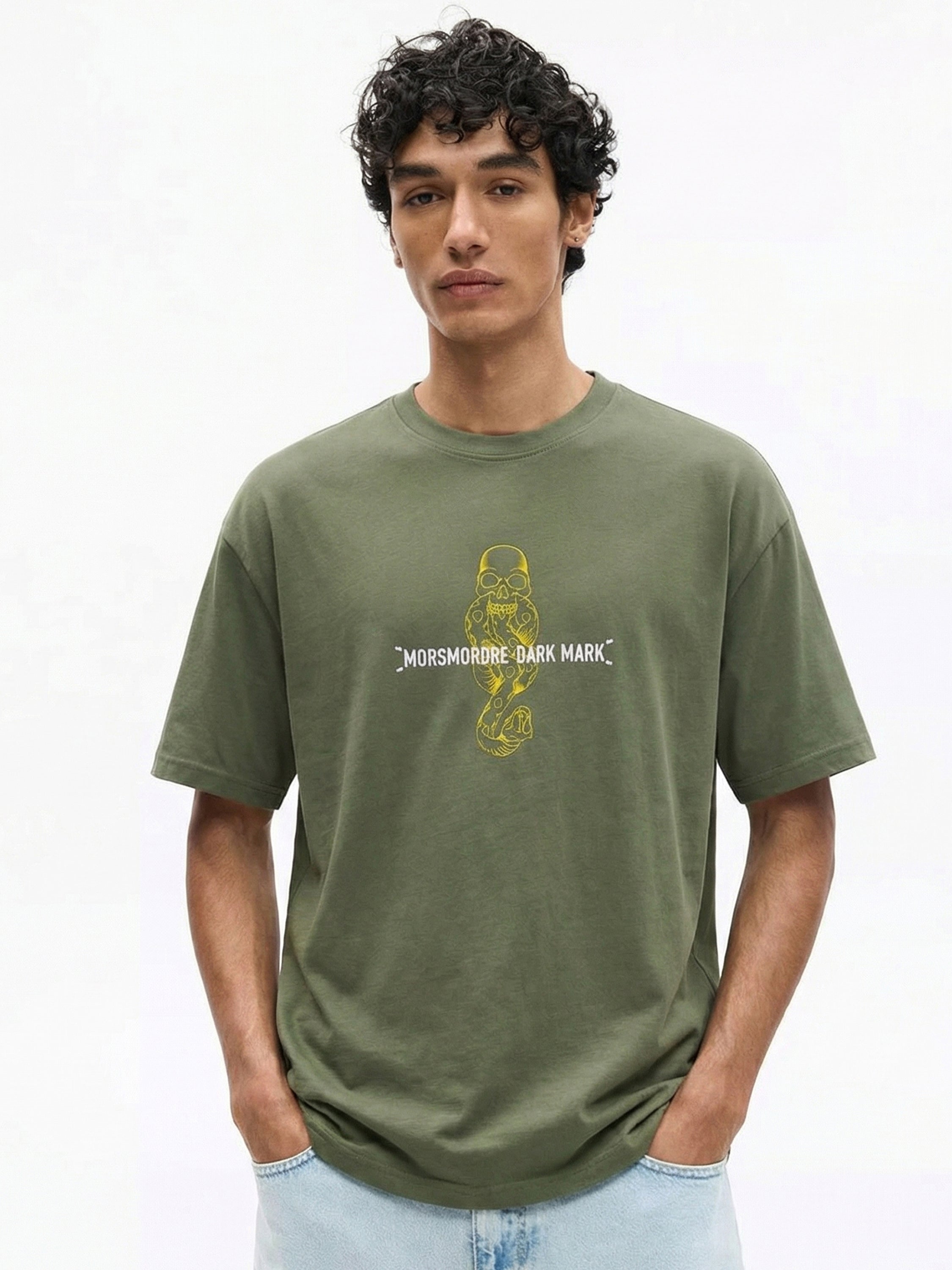 WB By Highlander Men Olive Harry Potter Embroidered Round Neck Oversized Fit T-Shirt - Olive - Image 6