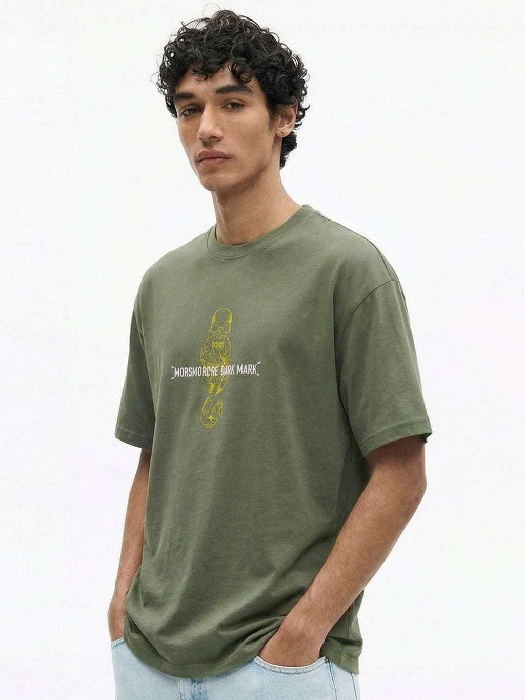 WB By Highlander Men Olive Harry Potter Embroidered Round Neck Oversized Fit T-Shirt - Olive - Image 7
