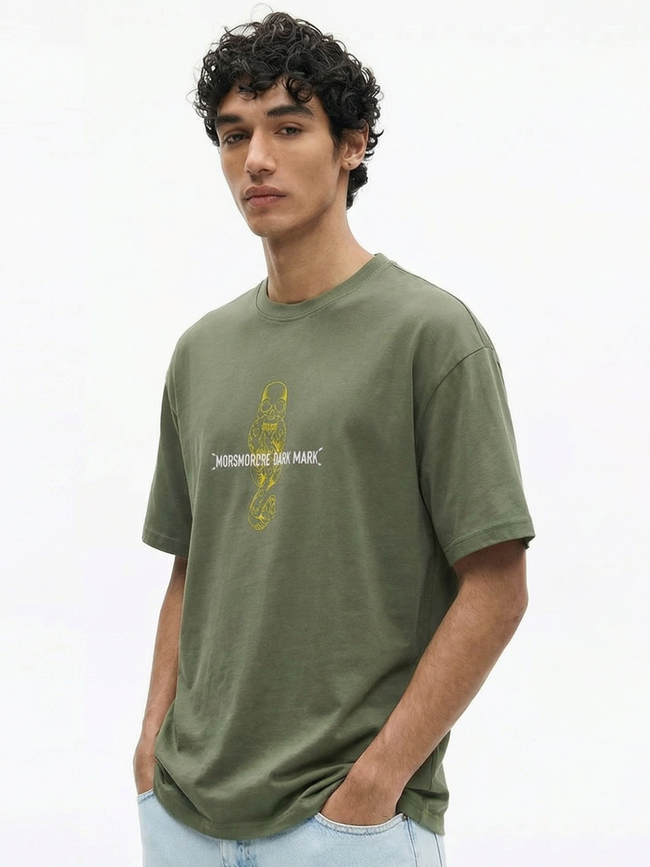 WB By Highlander Men Olive Harry Potter Embroidered Round Neck Oversized Fit T-Shirt - Olive - Image 7