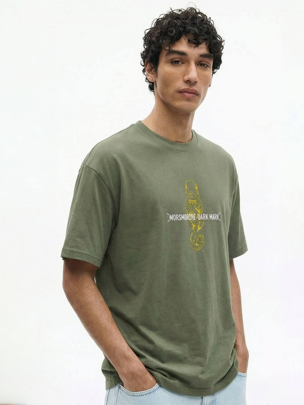 WB By Highlander Men Olive Harry Potter Embroidered Round Neck Oversized Fit T-Shirt - Olive - Image 9