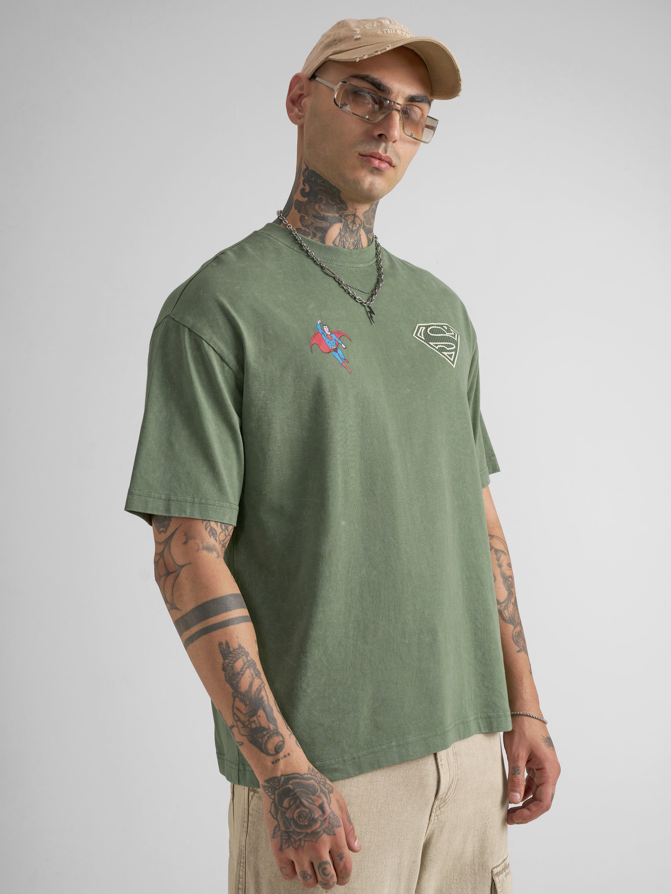 Dc By Highlander Men Olive Printed Round Neck Oversized Fit T-Shirt - Olive - Image 6