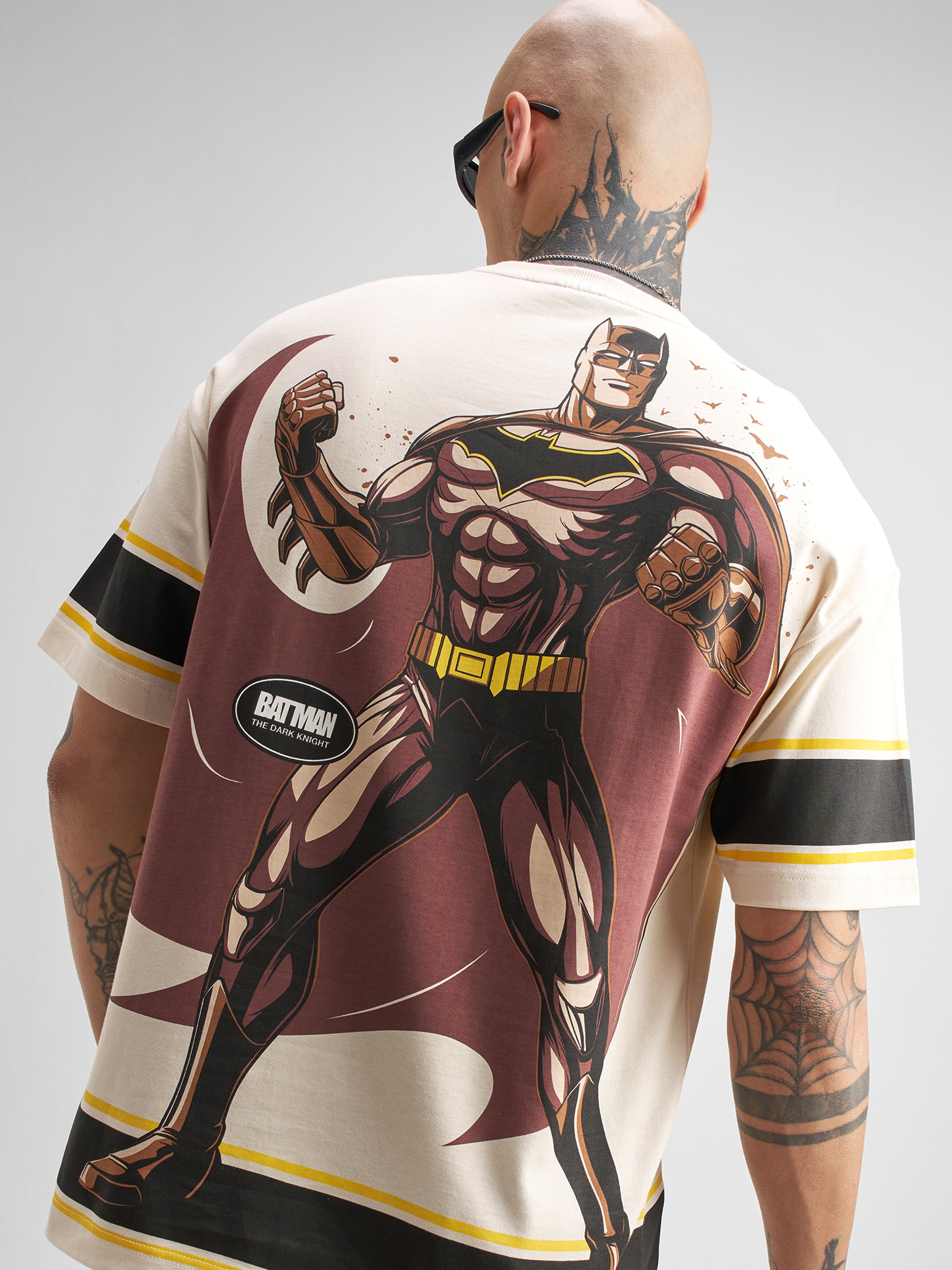 DC By Highlander Men Cream Batman Printed Round Neck Oversized Fit T-Shirt - Cream - Image 1