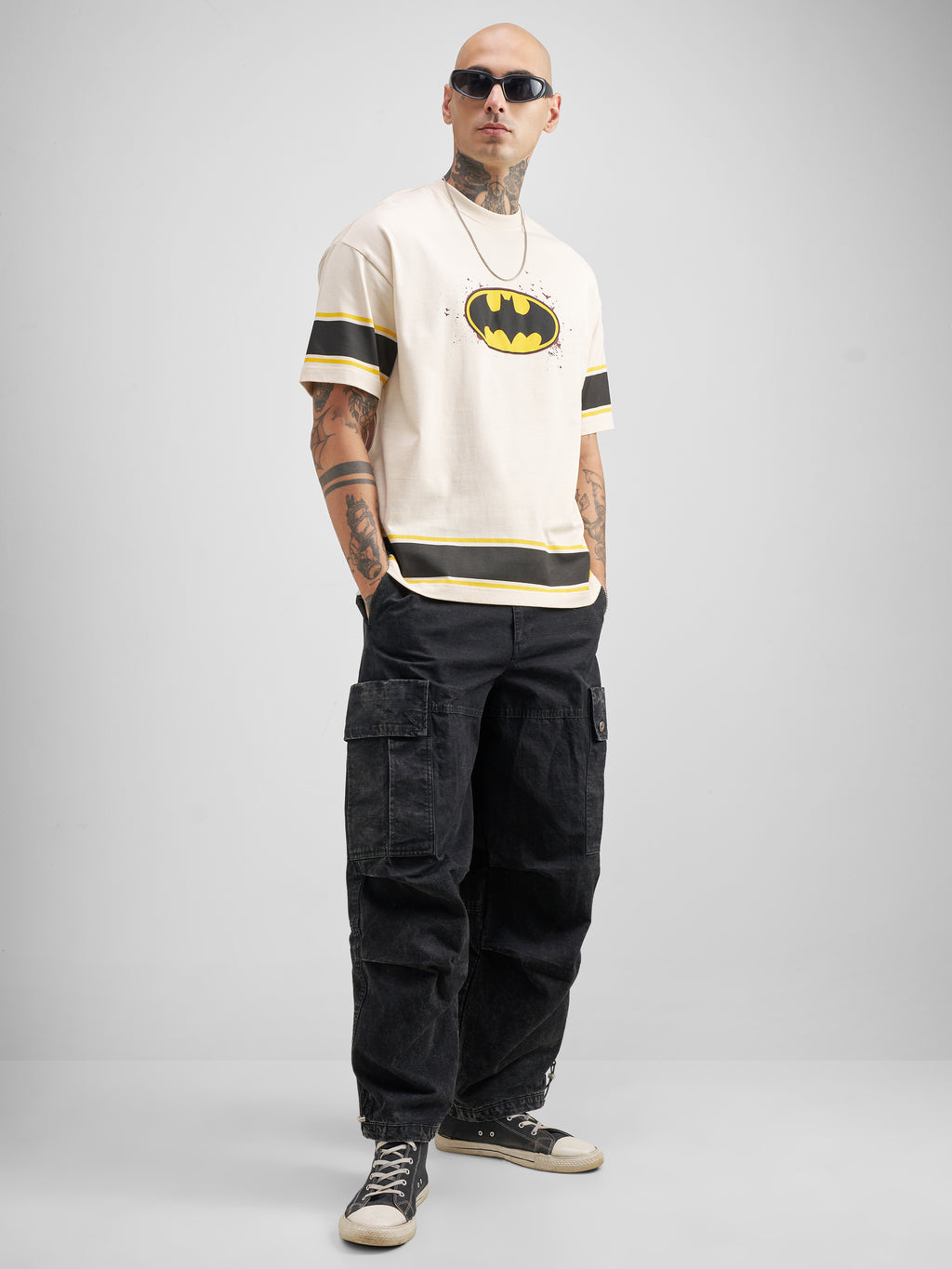 DC By Highlander Men Cream Batman Printed Round Neck Oversized Fit T-Shirt - Cream - Image 2