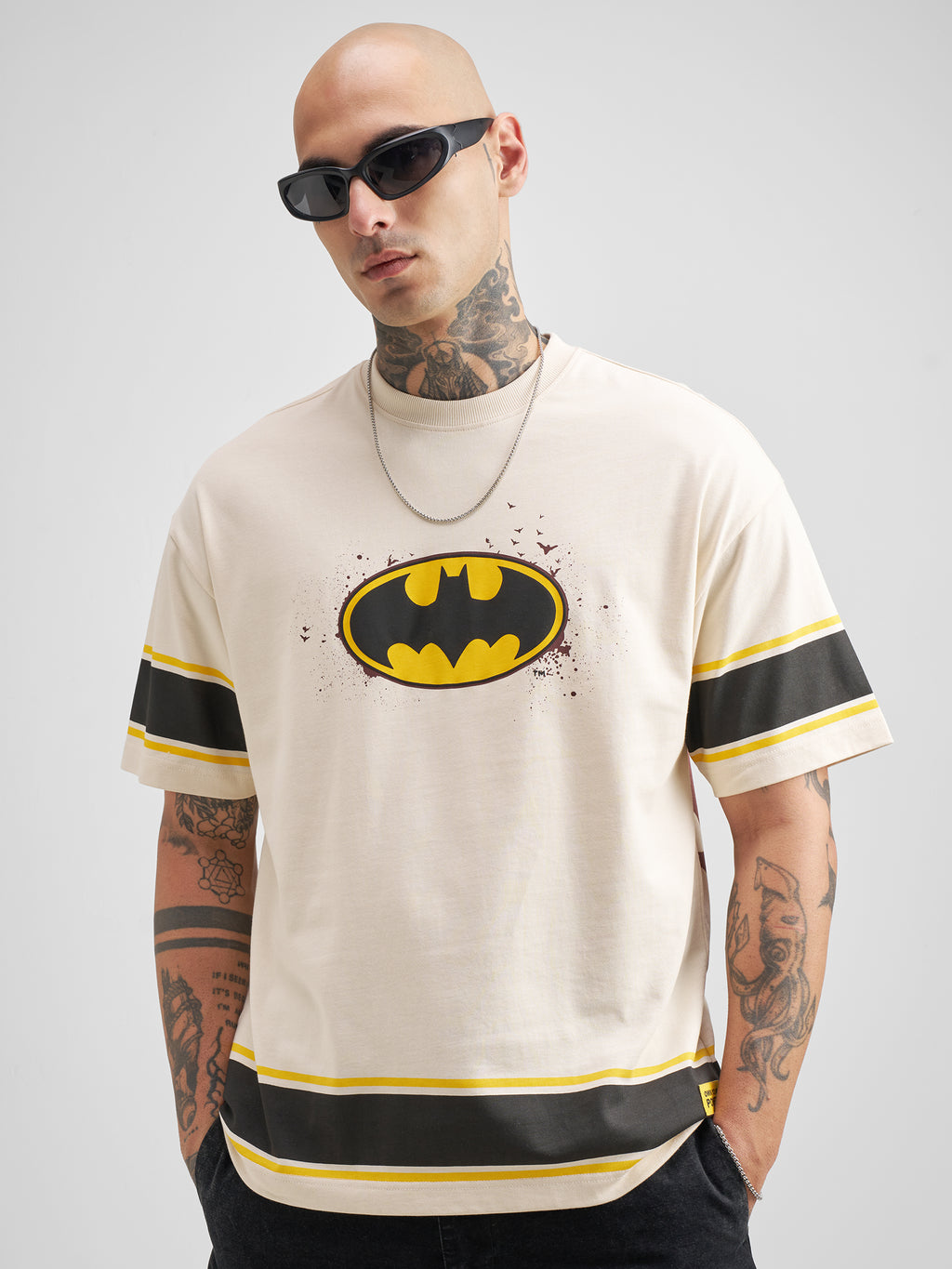 DC By Highlander Men Cream Batman Printed Round Neck Oversized Fit T-Shirt - Cream - Image 3