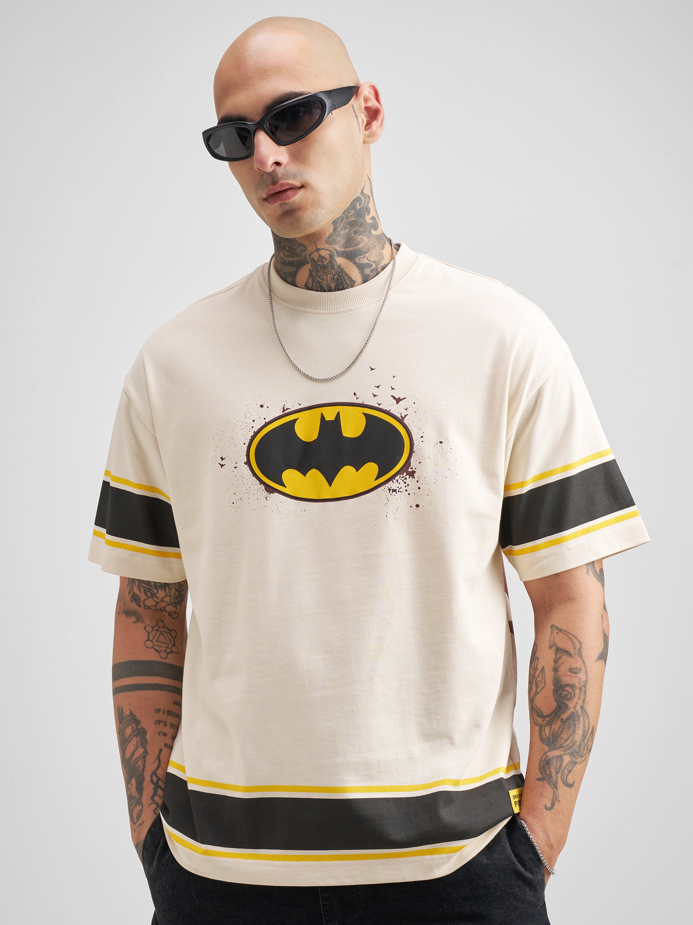 DC By Highlander Men Cream Batman Printed Round Neck Oversized Fit T-Shirt - Cream - Image 3