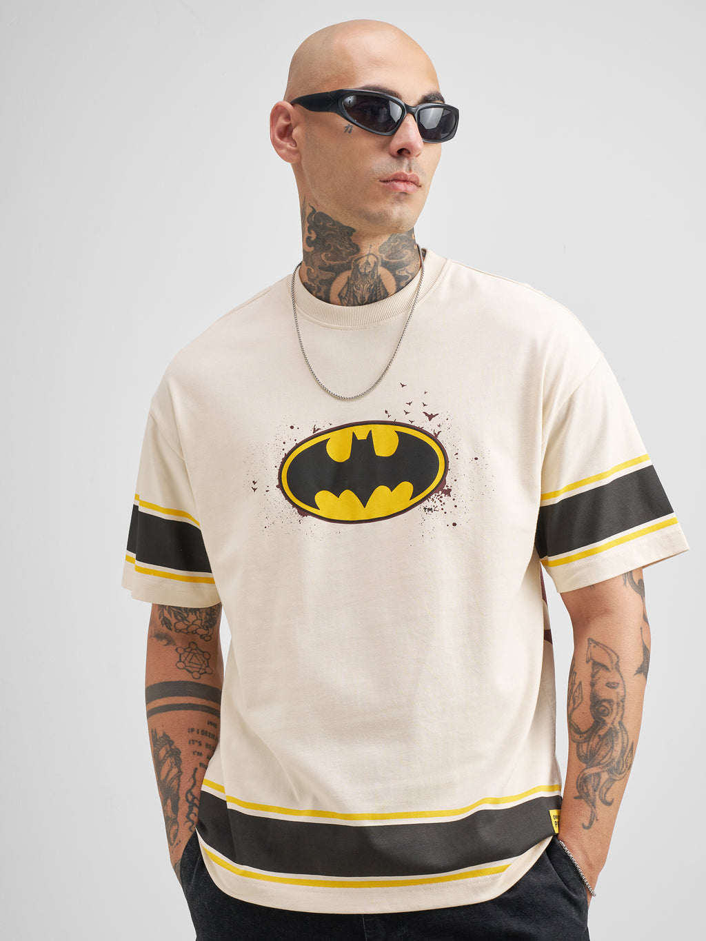 DC By Highlander Men Cream Batman Printed Round Neck Oversized Fit T-Shirt - Cream - Image 4