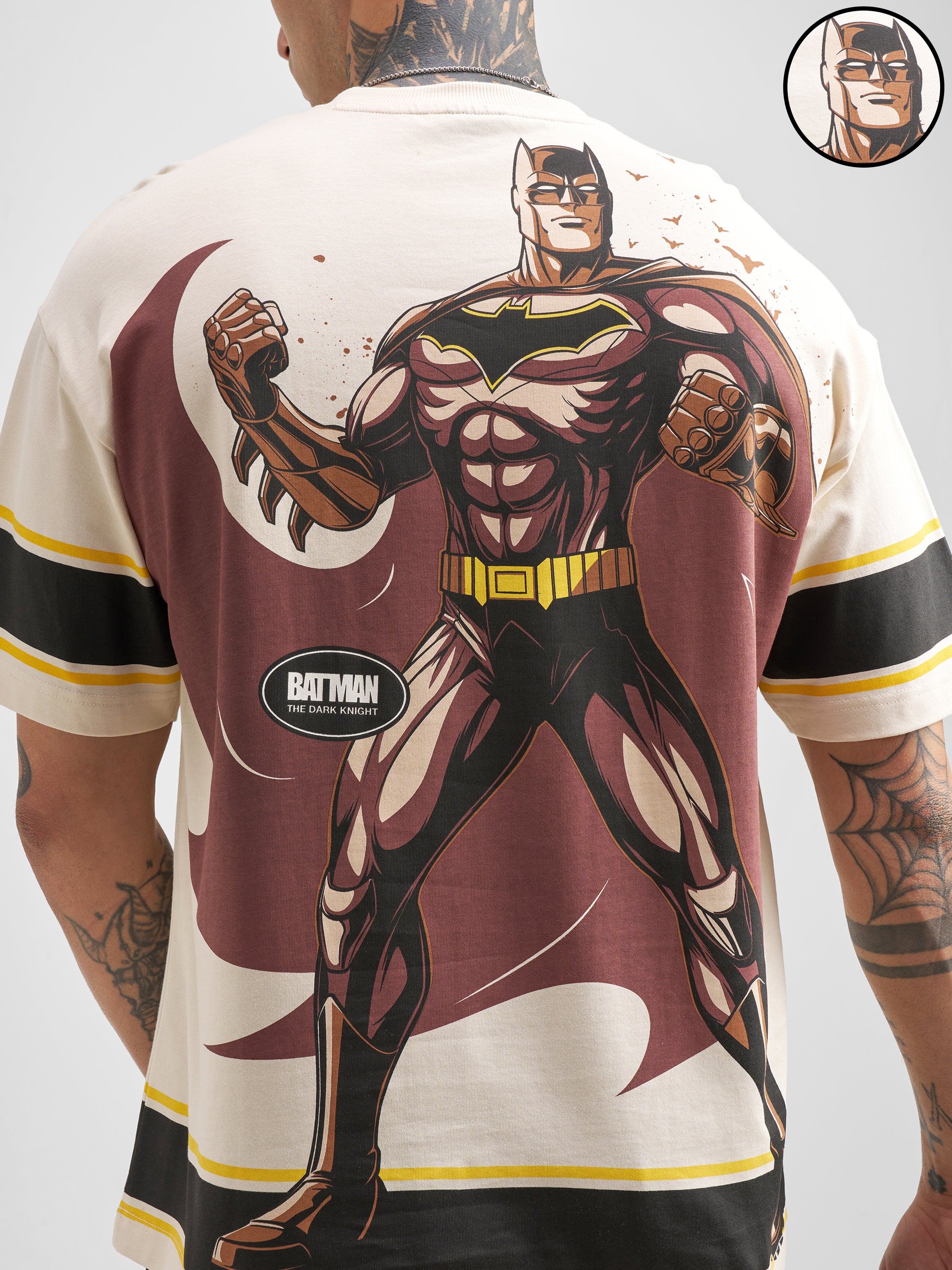 DC By Highlander Men Cream Batman Printed Round Neck Oversized Fit T-Shirt - Cream - Image 5