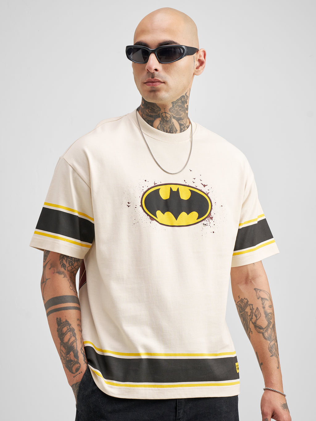 DC By Highlander Men Cream Batman Printed Round Neck Oversized Fit T-Shirt - Cream - Image 6