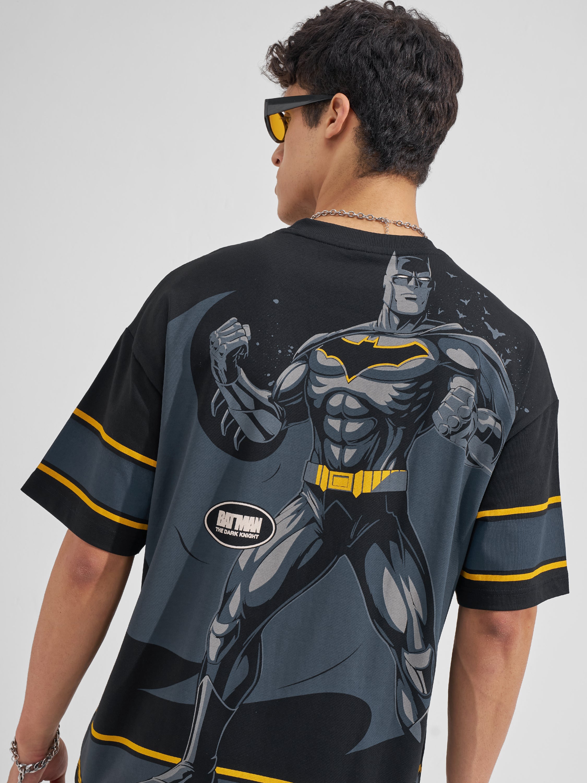 DC By Highlander Men Black Batman Printed Round Neck Oversized Fit T-Shirt