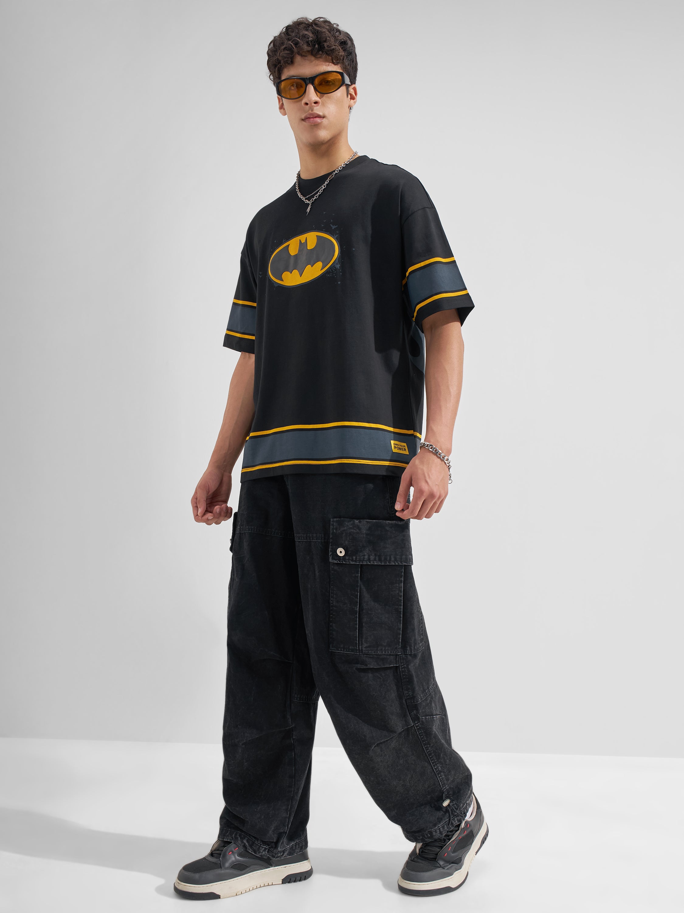 DC By Highlander Men Black Batman Printed Round Neck Oversized Fit T-Shirt