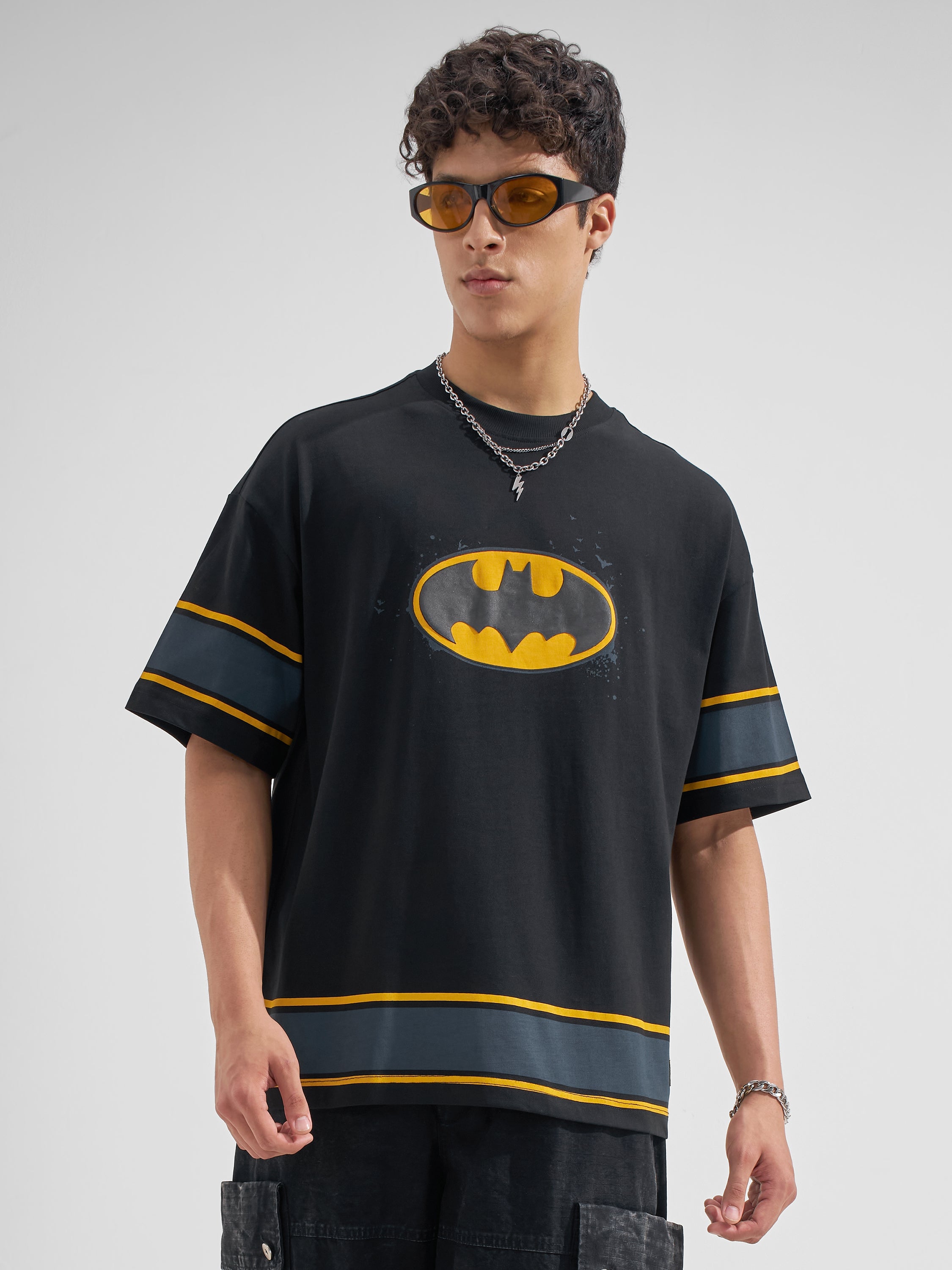 DC By Highlander Men Black Batman Printed Round Neck Oversized Fit T-Shirt