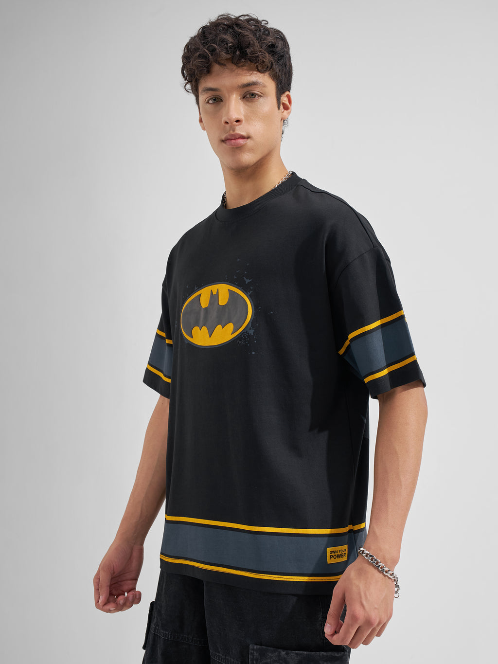 DC By Highlander Men Black Batman Printed Round Neck Oversized Fit T-Shirt