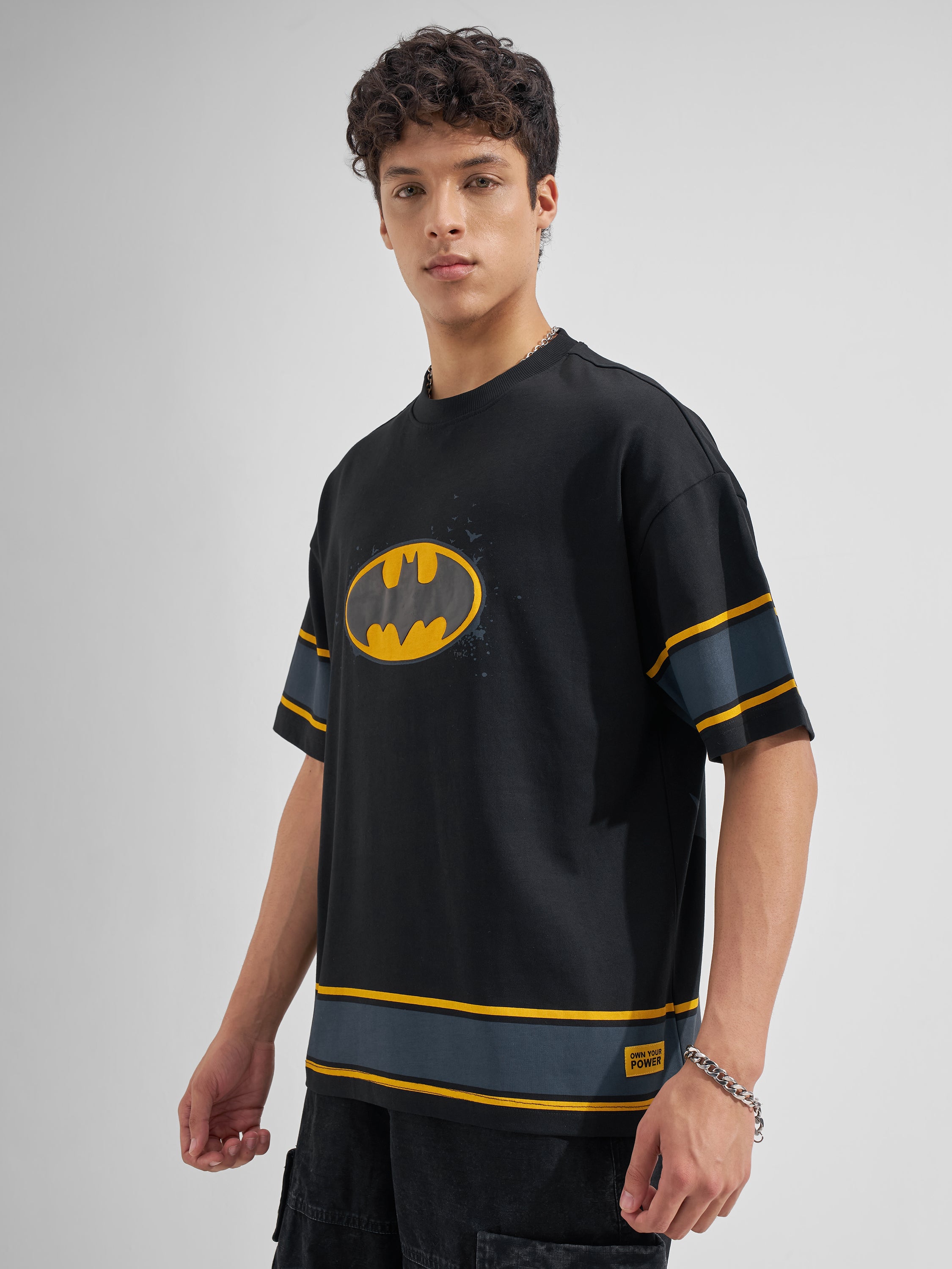 DC By Highlander Men Black Batman Printed Round Neck Oversized Fit T-Shirt