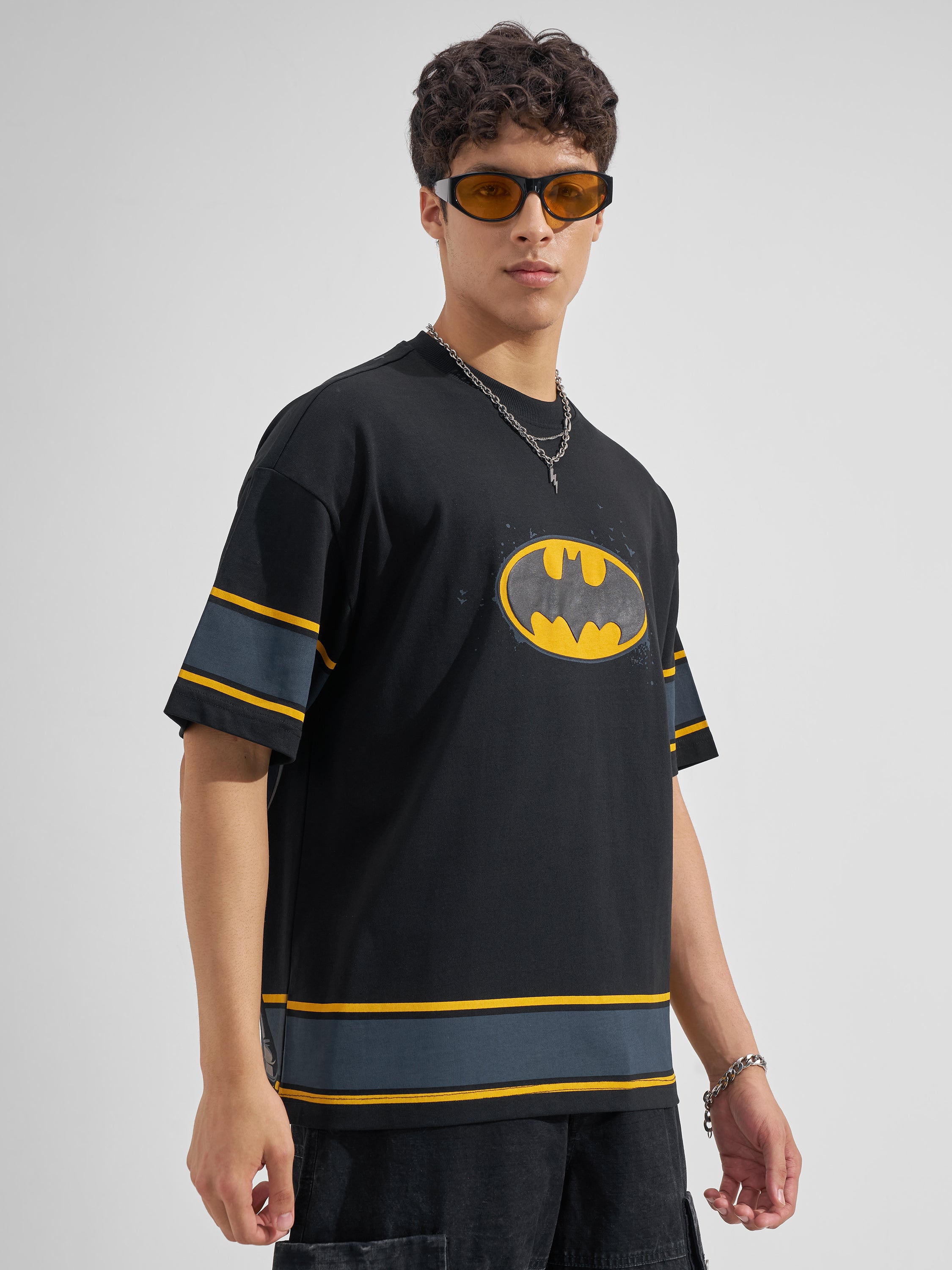 DC By Highlander Men Black Batman Printed Round Neck Oversized Fit T-Shirt