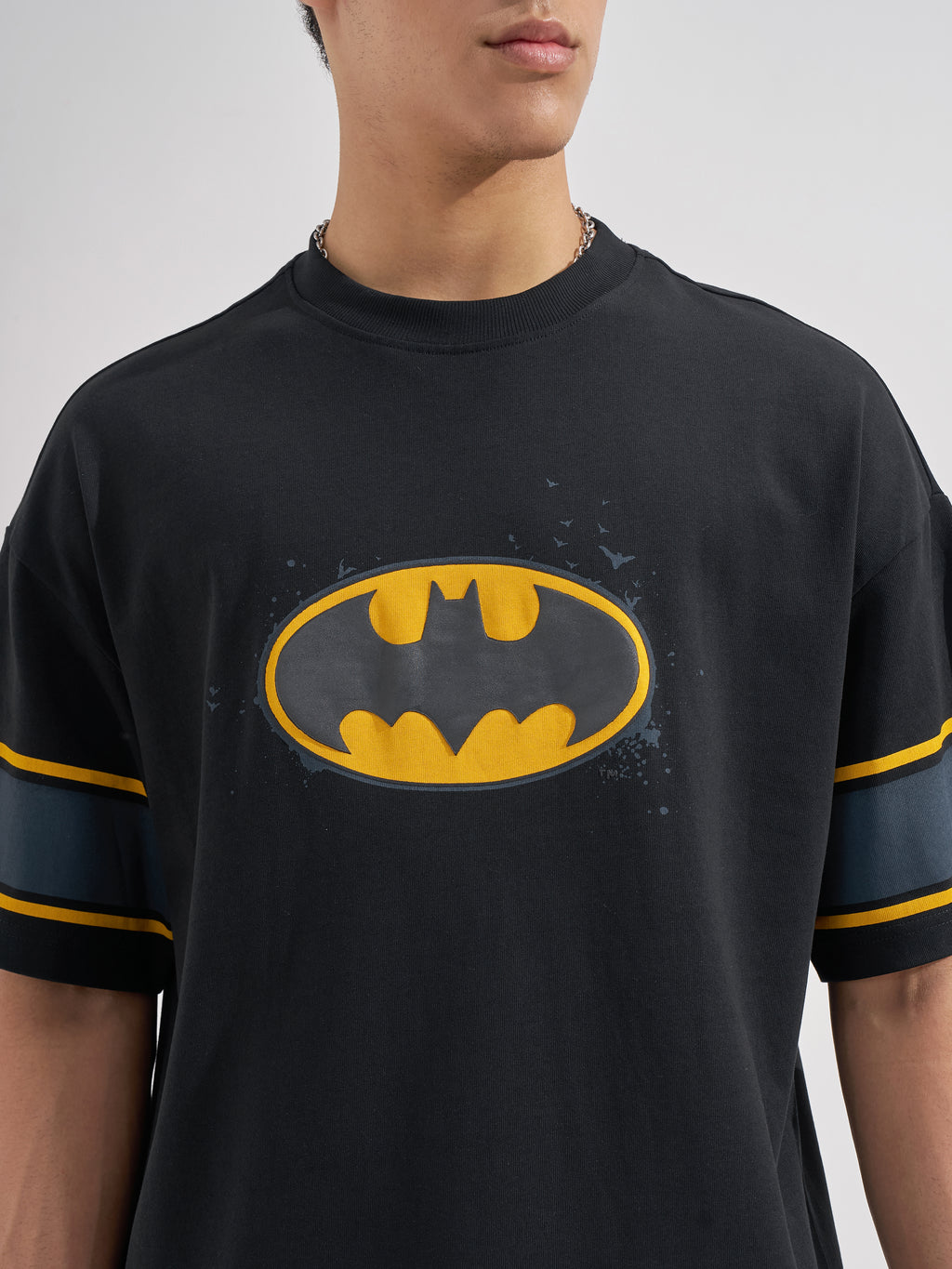 DC By Highlander Men Black Batman Printed Round Neck Oversized Fit T-Shirt