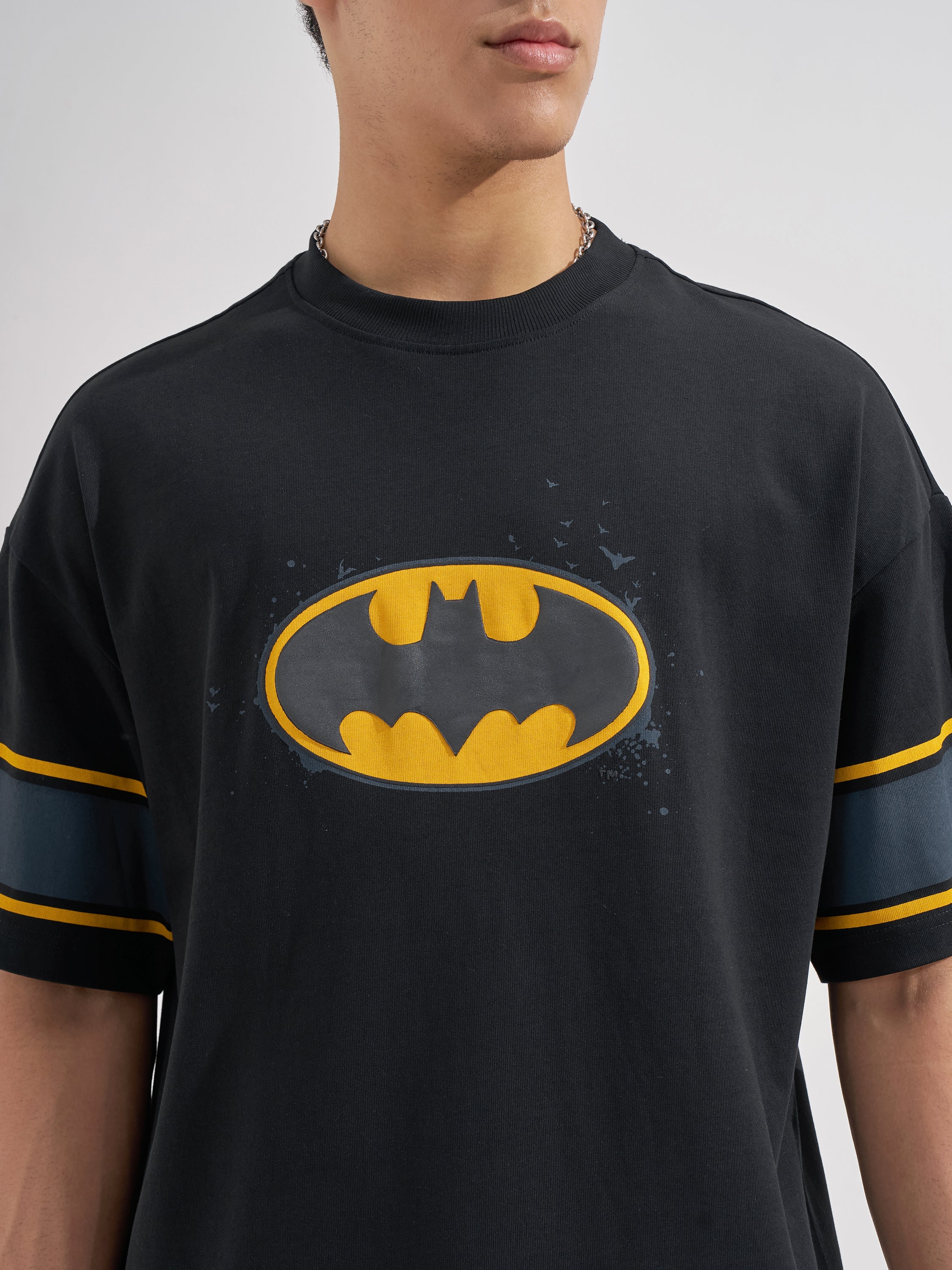 DC By Highlander Men Black Batman Printed Round Neck Oversized Fit T-Shirt
