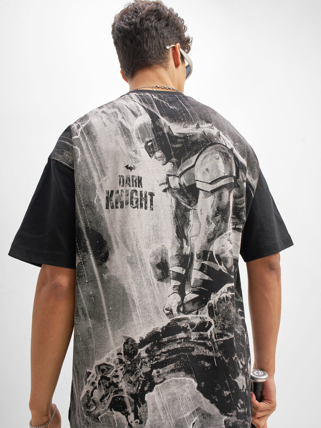 DC By Highlander Men Black Batman Printed Round Neck Oversized Fit T-Shirt