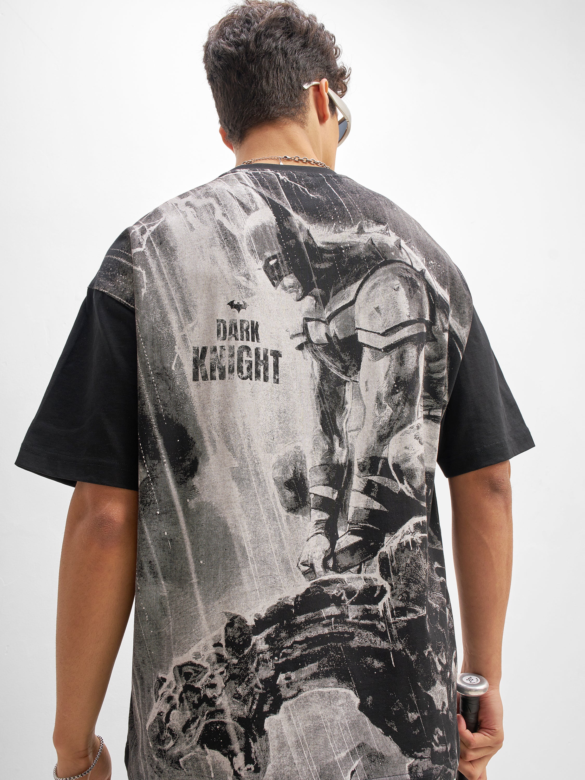DC By Highlander Men Black Batman Printed Round Neck Oversized Fit T-Shirt