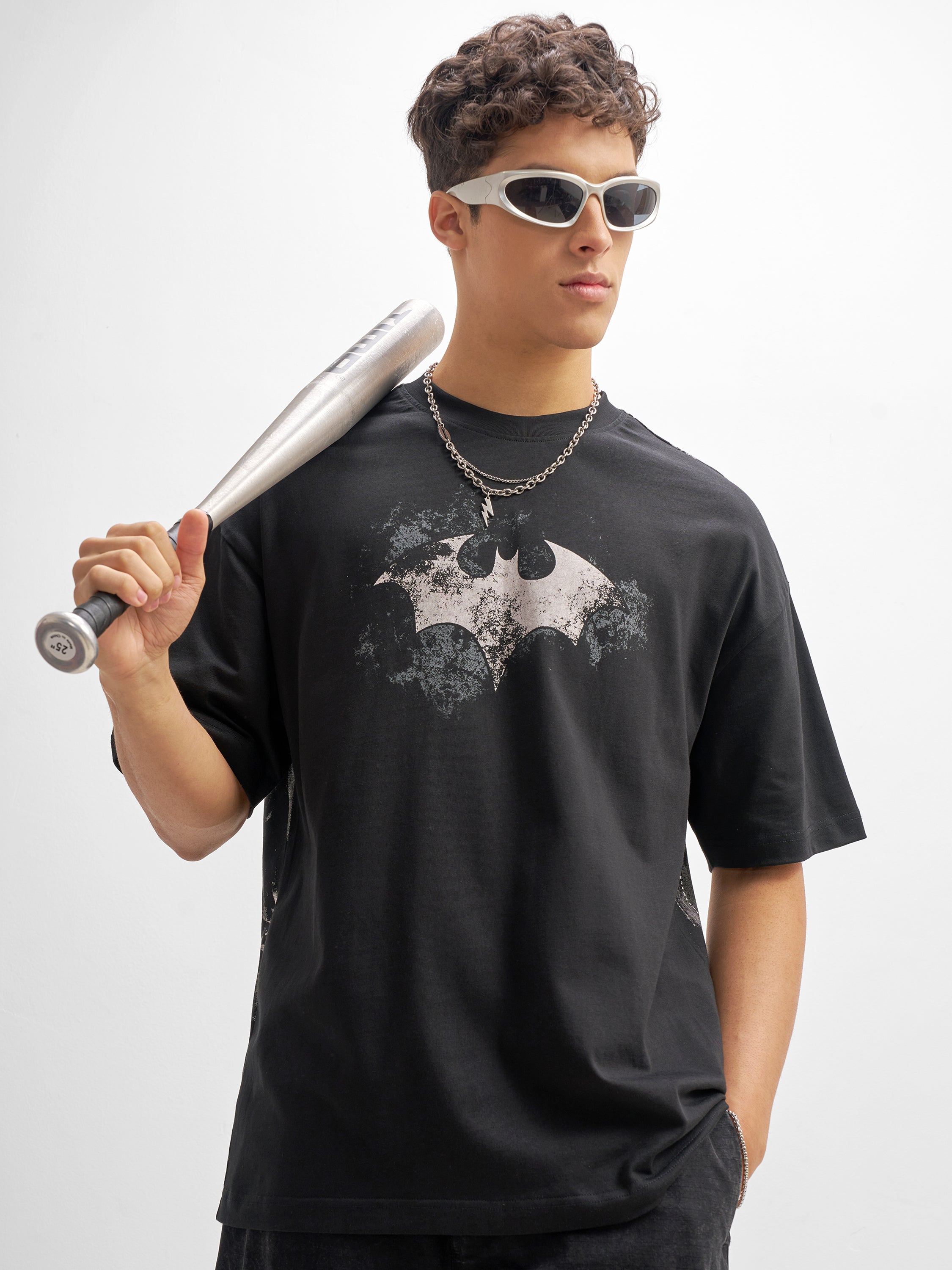 DC By Highlander Men Black Batman Printed Round Neck Oversized Fit T-Shirt