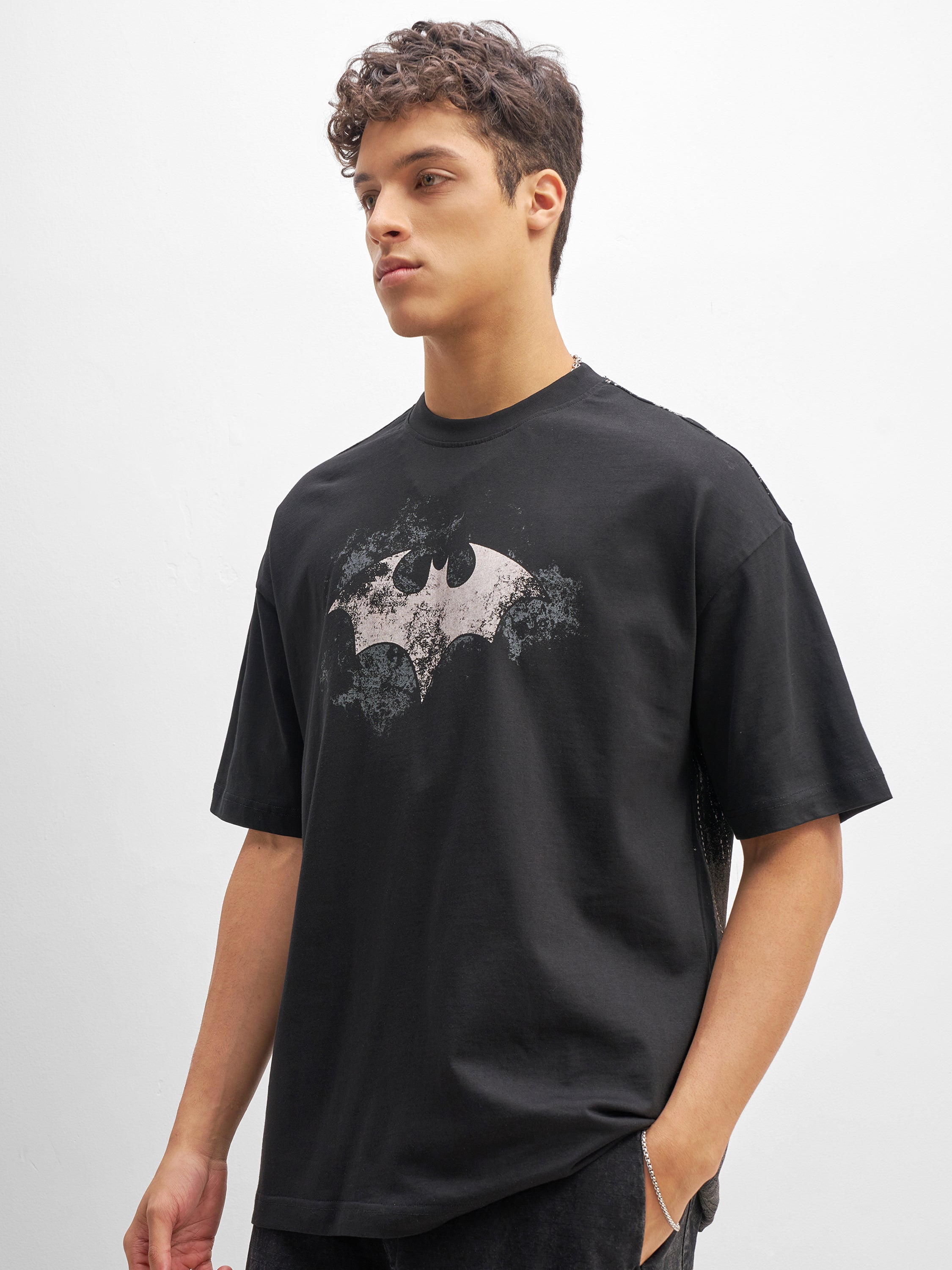 DC By Highlander Men Black Batman Printed Round Neck Oversized Fit T-Shirt