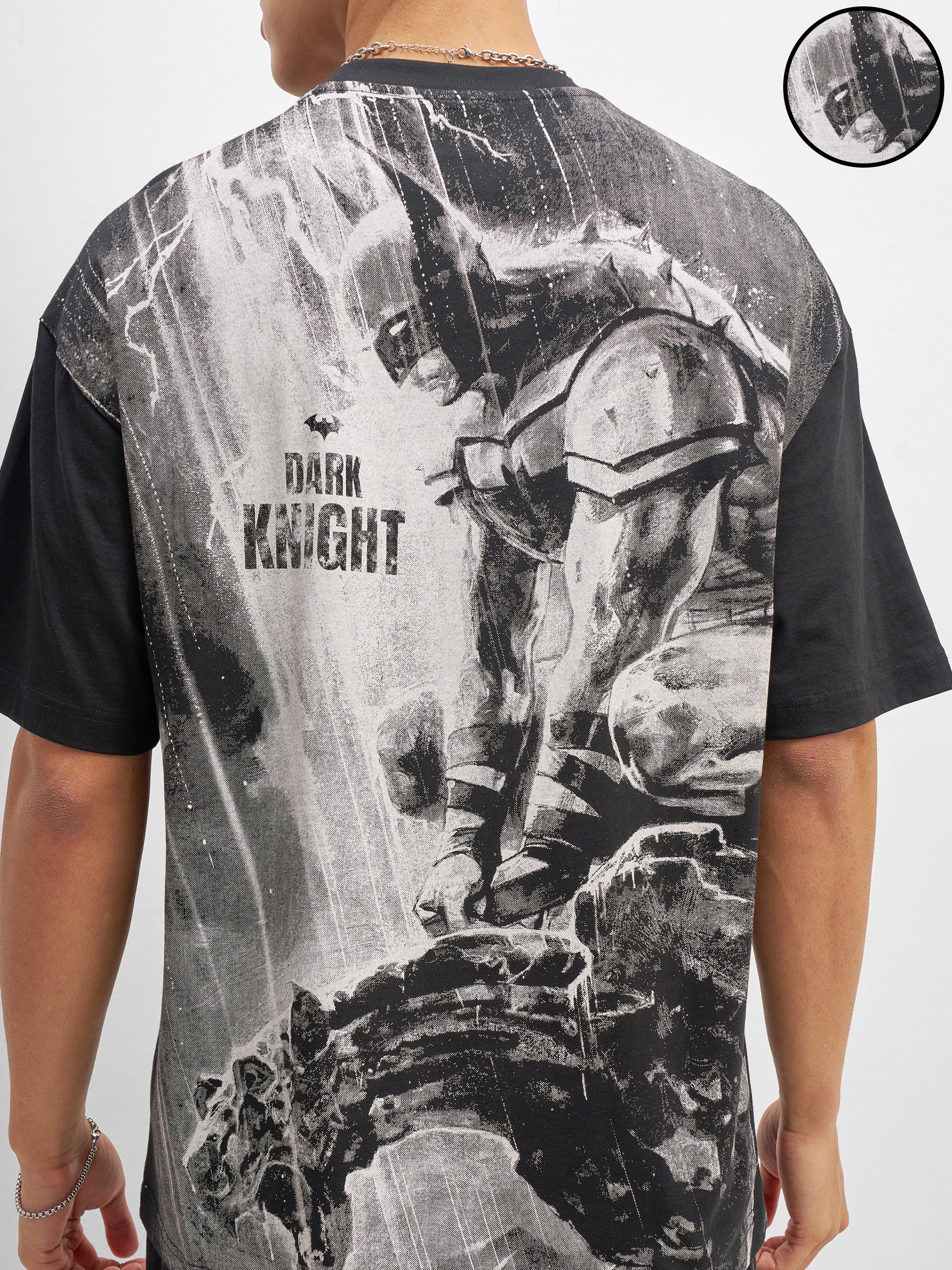 DC By Highlander Men Black Batman Printed Round Neck Oversized Fit T-Shirt