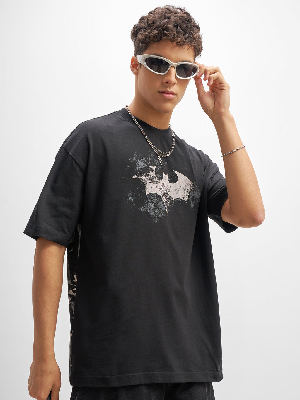 DC By Highlander Men Black Batman Printed Round Neck Oversized Fit T-Shirt
