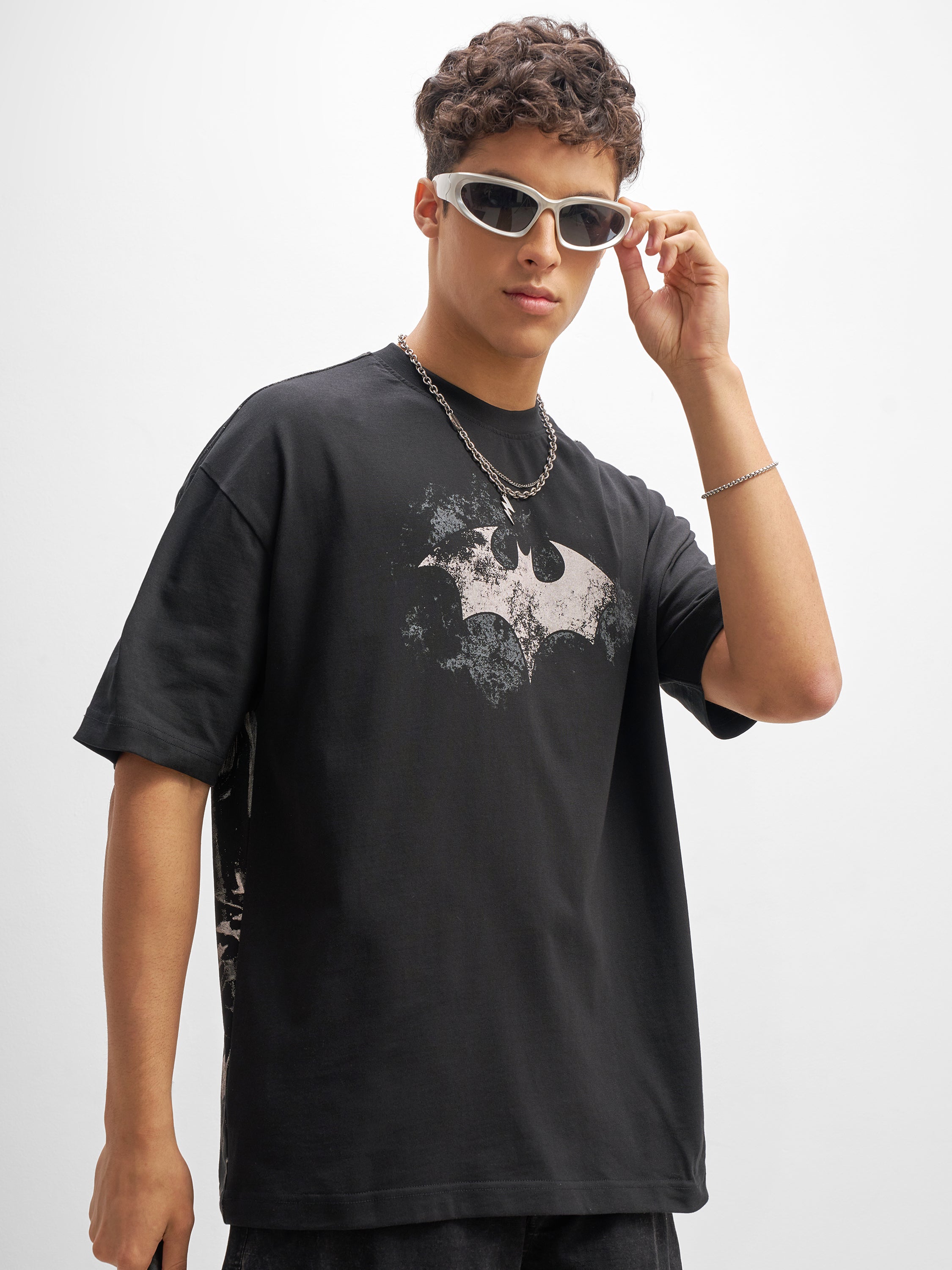 DC By Highlander Men Black Batman Printed Round Neck Oversized Fit T-Shirt