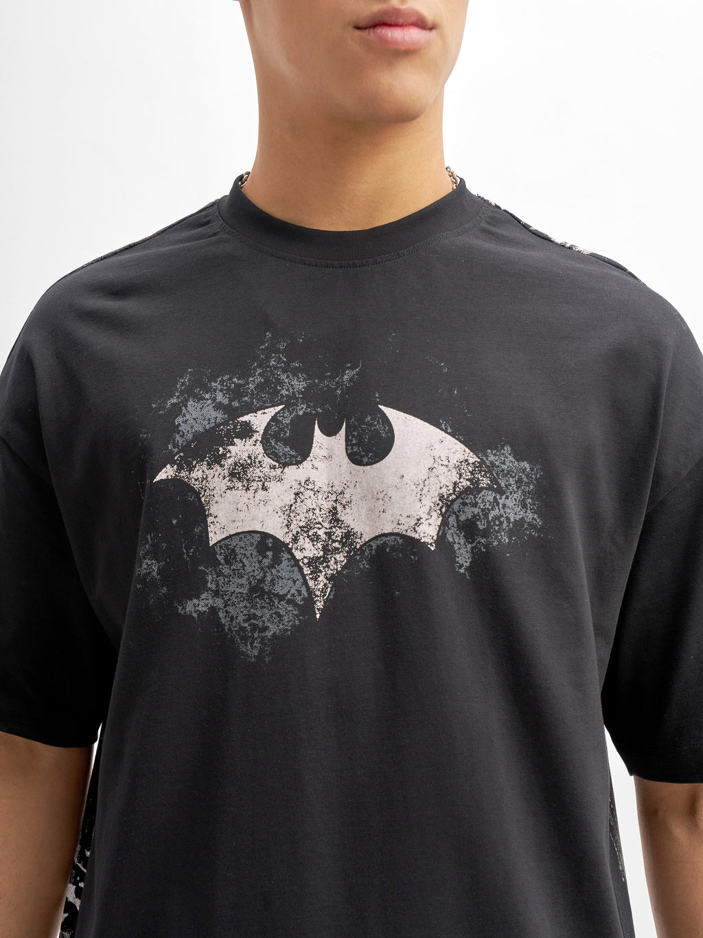 DC By Highlander Men Black Batman Printed Round Neck Oversized Fit T-Shirt
