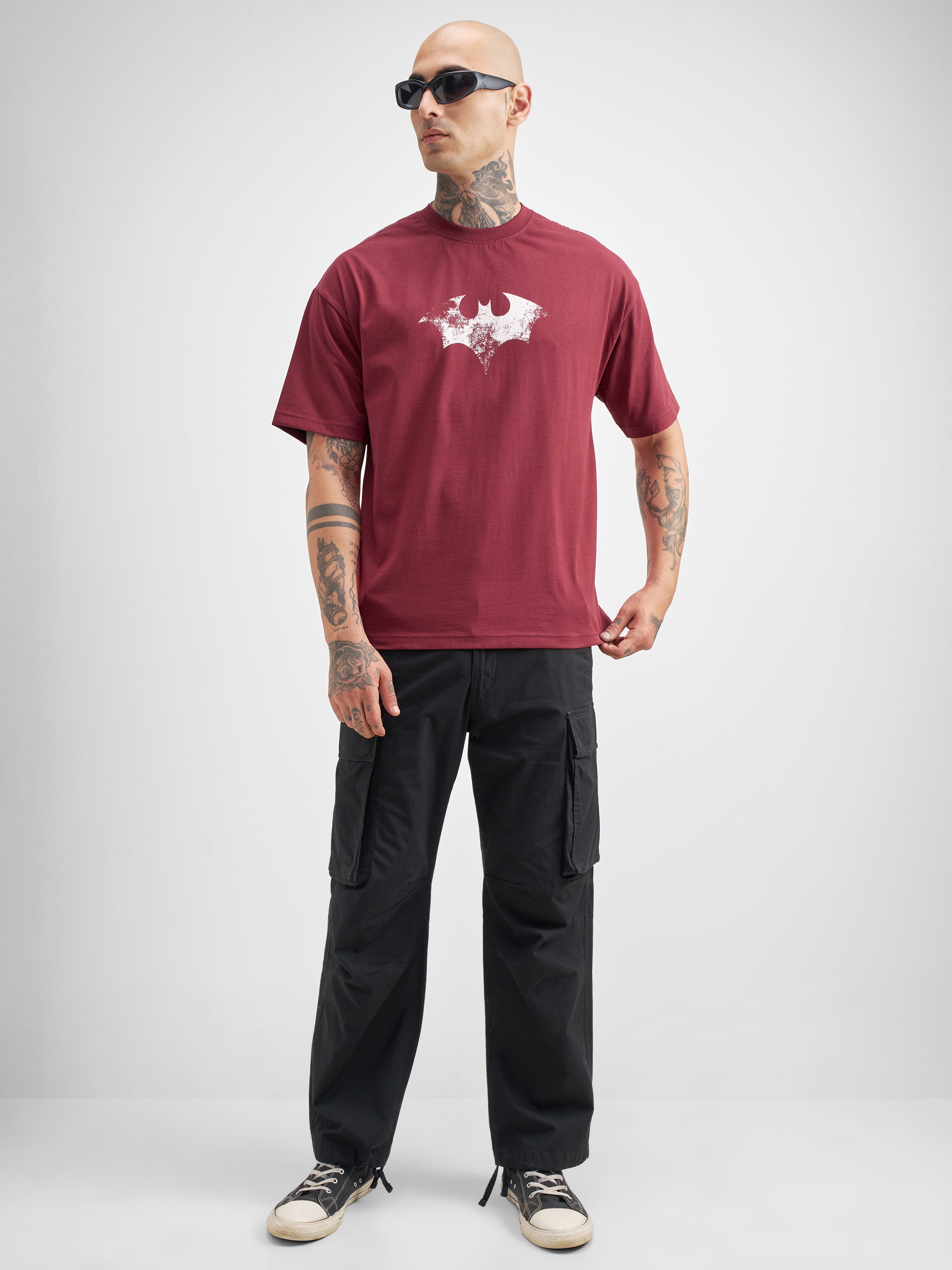 DC By Highlander Men Maroon Batman Printed Round Neck Oversized Fit T-Shirt - Maroon - Image 2