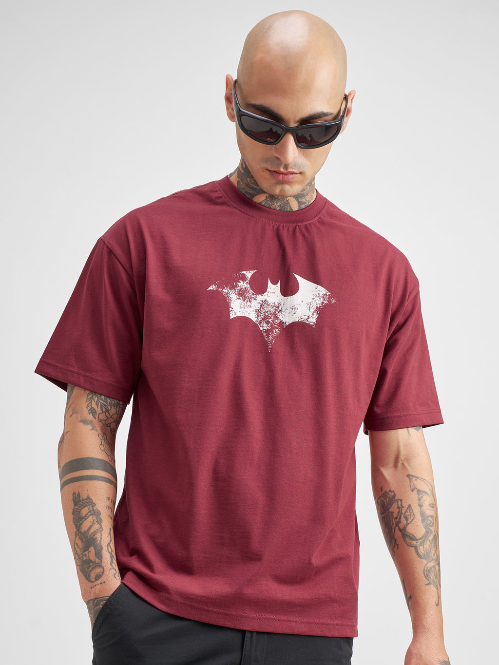 DC By Highlander Men Maroon Batman Printed Round Neck Oversized Fit T-Shirt - Maroon - Image 3