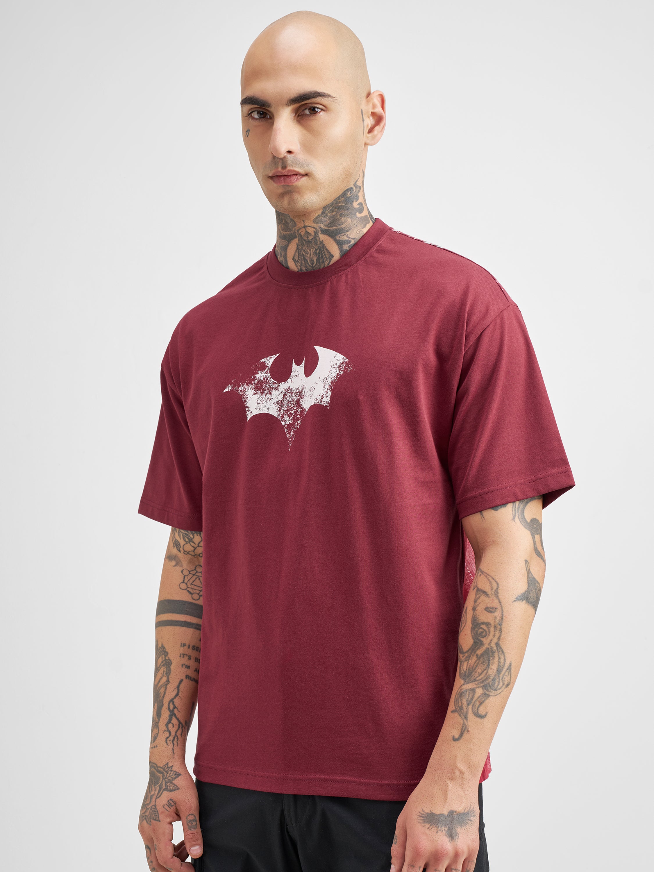 DC By Highlander Men Maroon Batman Printed Round Neck Oversized Fit T-Shirt - Maroon - Image 4
