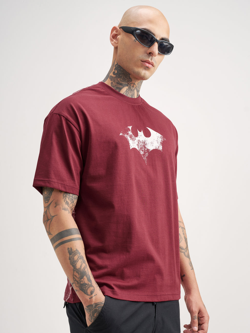 DC By Highlander Men Maroon Batman Printed Round Neck Oversized Fit T-Shirt - Maroon - Image 6