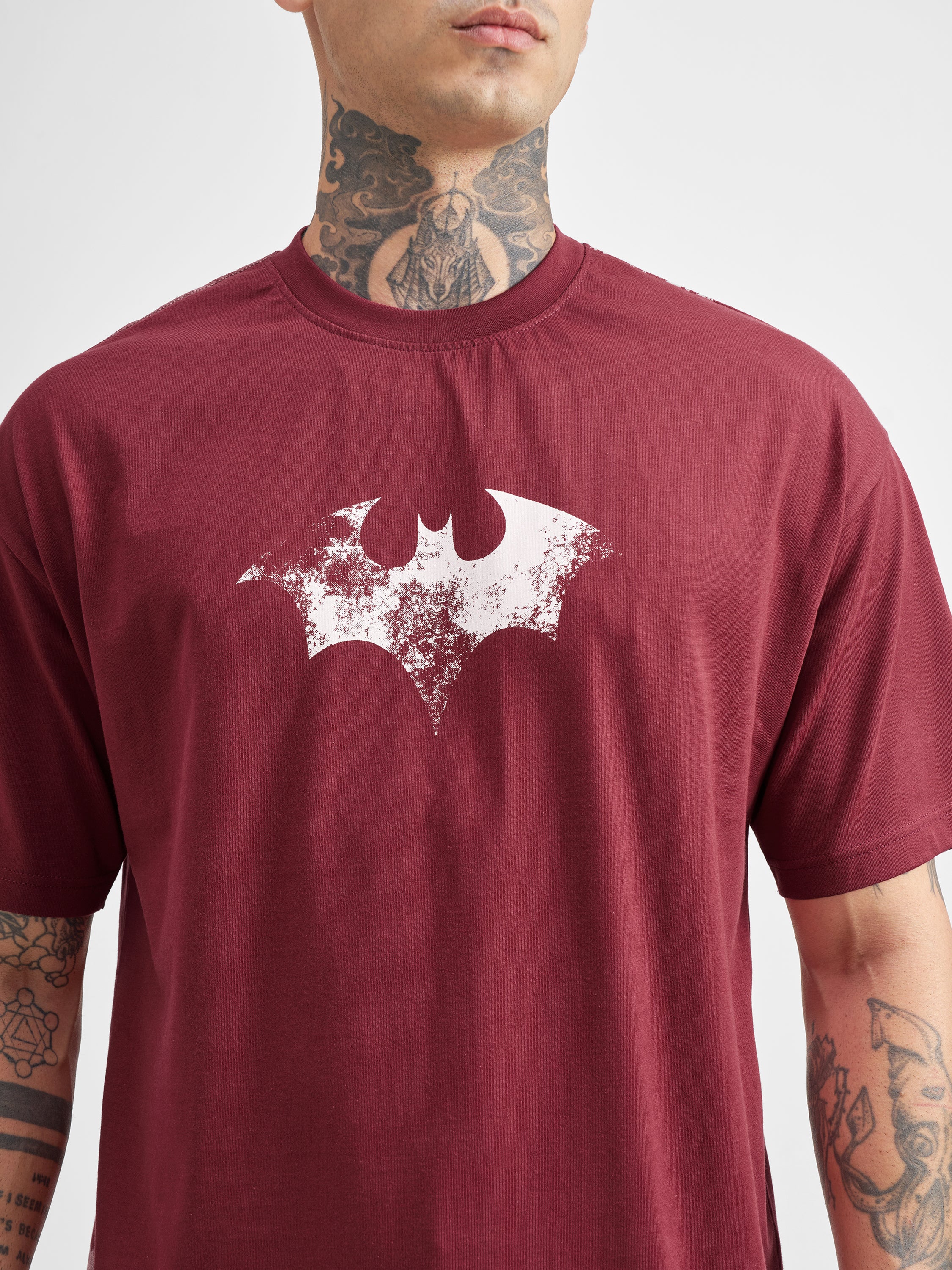 DC By Highlander Men Maroon Batman Printed Round Neck Oversized Fit T-Shirt - Maroon - Image 7