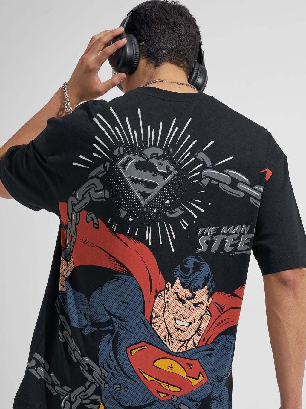 WB By Highlander Men Black Superman Printed Round Neck Oversized Fit T-Shirt
