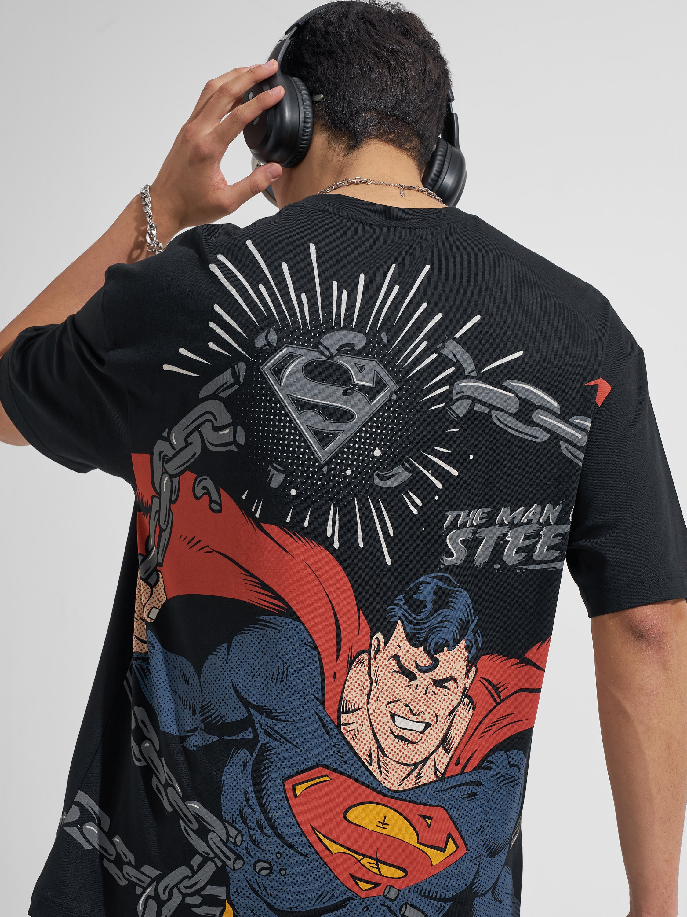 WB By Highlander Men Black Superman Printed Round Neck Oversized Fit T-Shirt