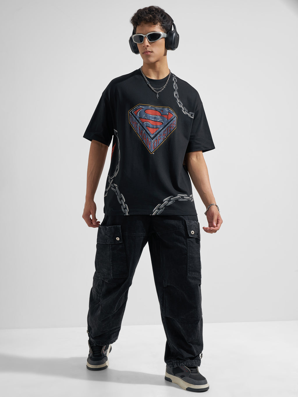 WB By Highlander Men Black Superman Printed Round Neck Oversized Fit T-Shirt
